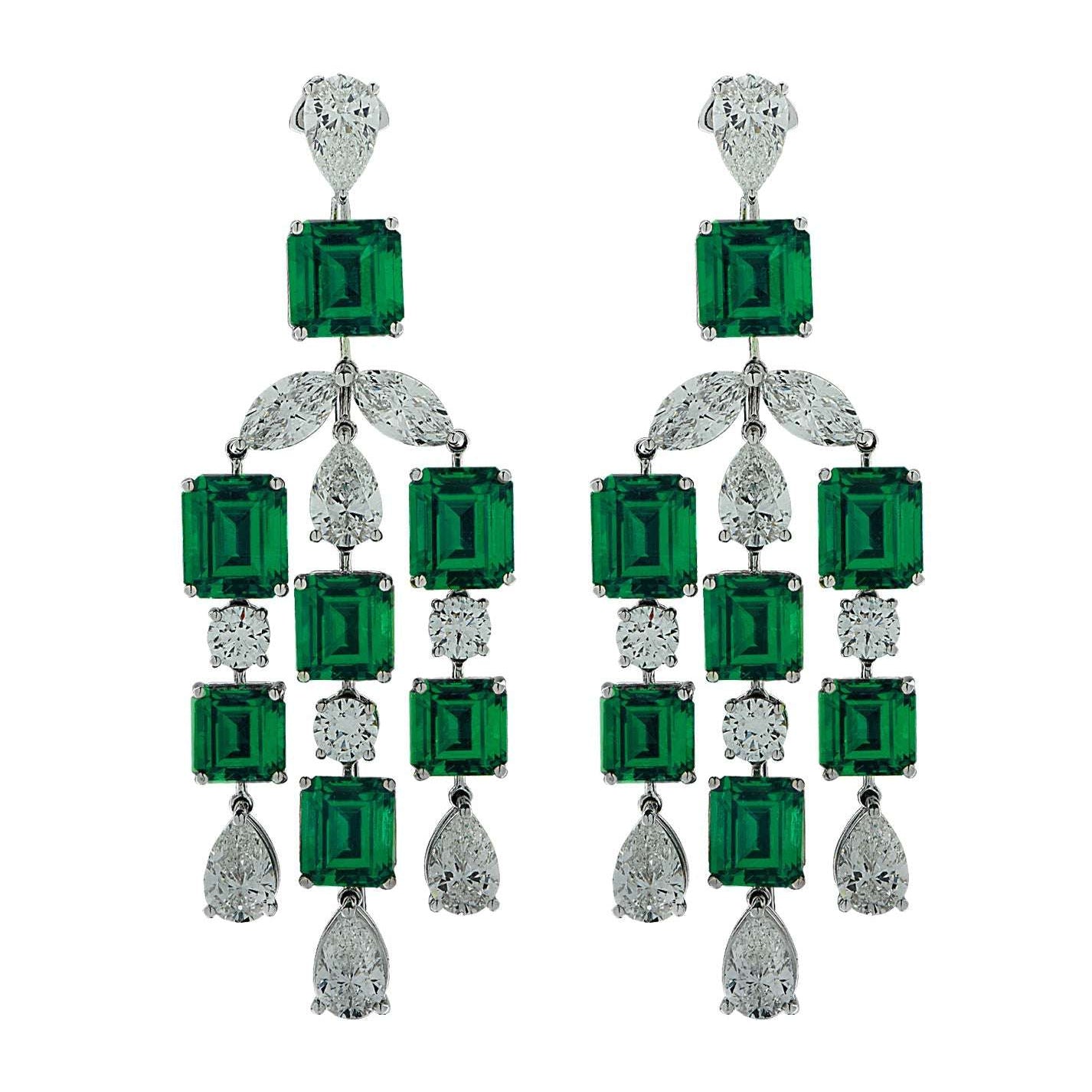 Glamorous 24Ct Colombian Emerald & Diamond Dangle Earrings in Platinum by VIVID, featuring a striking arrangement of emeralds and diamonds, designed for elegance and sophistication.