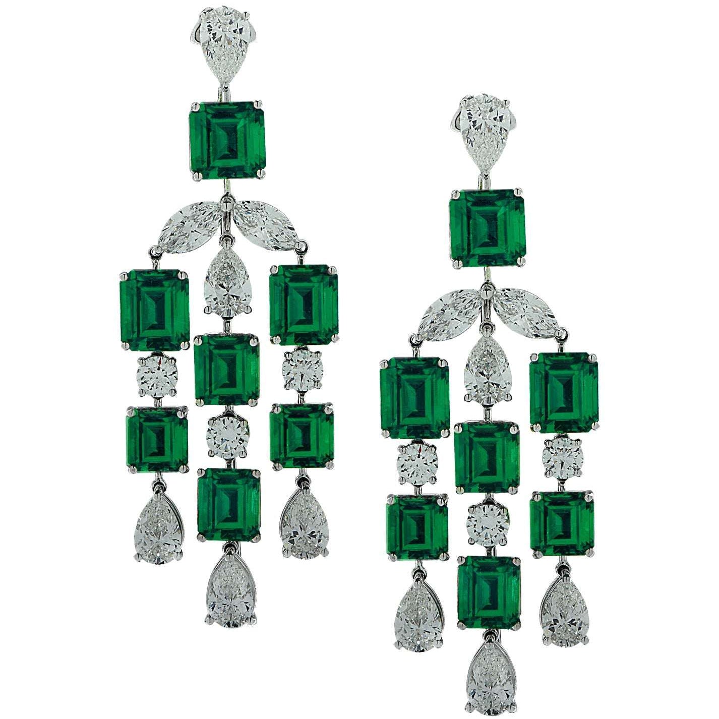 Stunning 24Ct Colombian Emerald & Diamond Dangle Earrings in Platinum by VIVID, showcasing exquisite emerald cut Colombian emeralds and GIA certified diamonds in a luxurious cascading design.