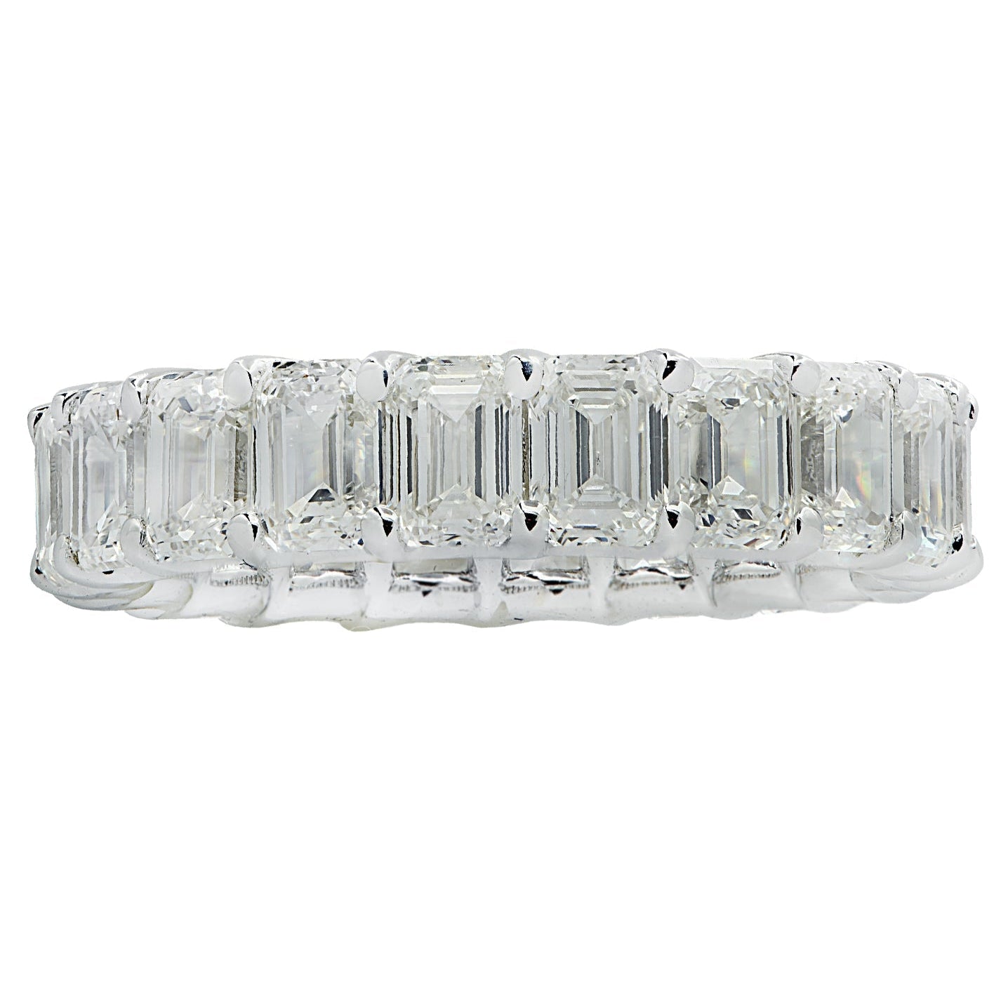 Vivid Diamonds 6.27 Ct Emerald Cut Diamond Eternity Band in 18K White Gold, capturing the exquisite detail and brilliance of GIA certified emerald cut diamonds.