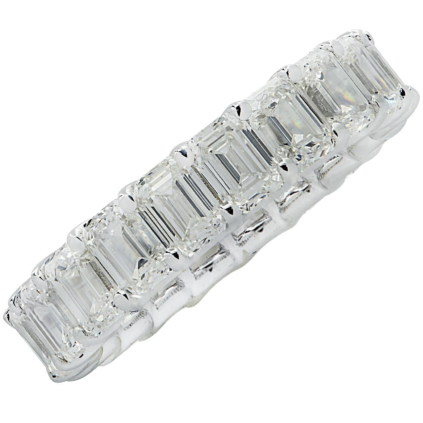 Vivid Diamonds 6.27 Ct Emerald Cut Diamond Eternity Band in 18K White Gold, showcasing a brilliant arrangement of GIA certified emerald cut diamonds.