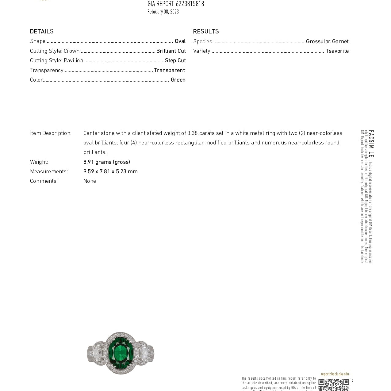 GIA identification report for the Vivid Diamonds 3.38Ct Oval Cut Tsavorite & Diamond Halo Ring in 18K White Gold, detailing the quality and specifications of the stunning gemstone.
