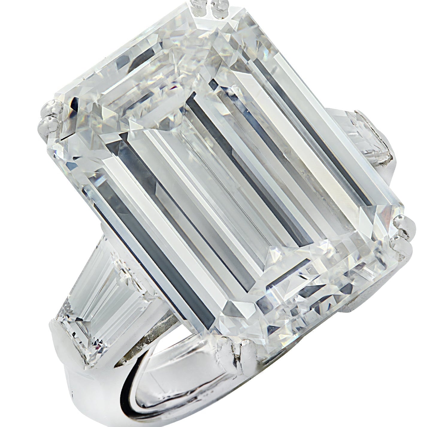 Stunning 18.66ct GIA Certified Emerald Cut Diamond Engagement Ring in Platinum with Baguette Side Stones by Vivid Diamonds, showcasing intricate craftsmanship and brilliant design.