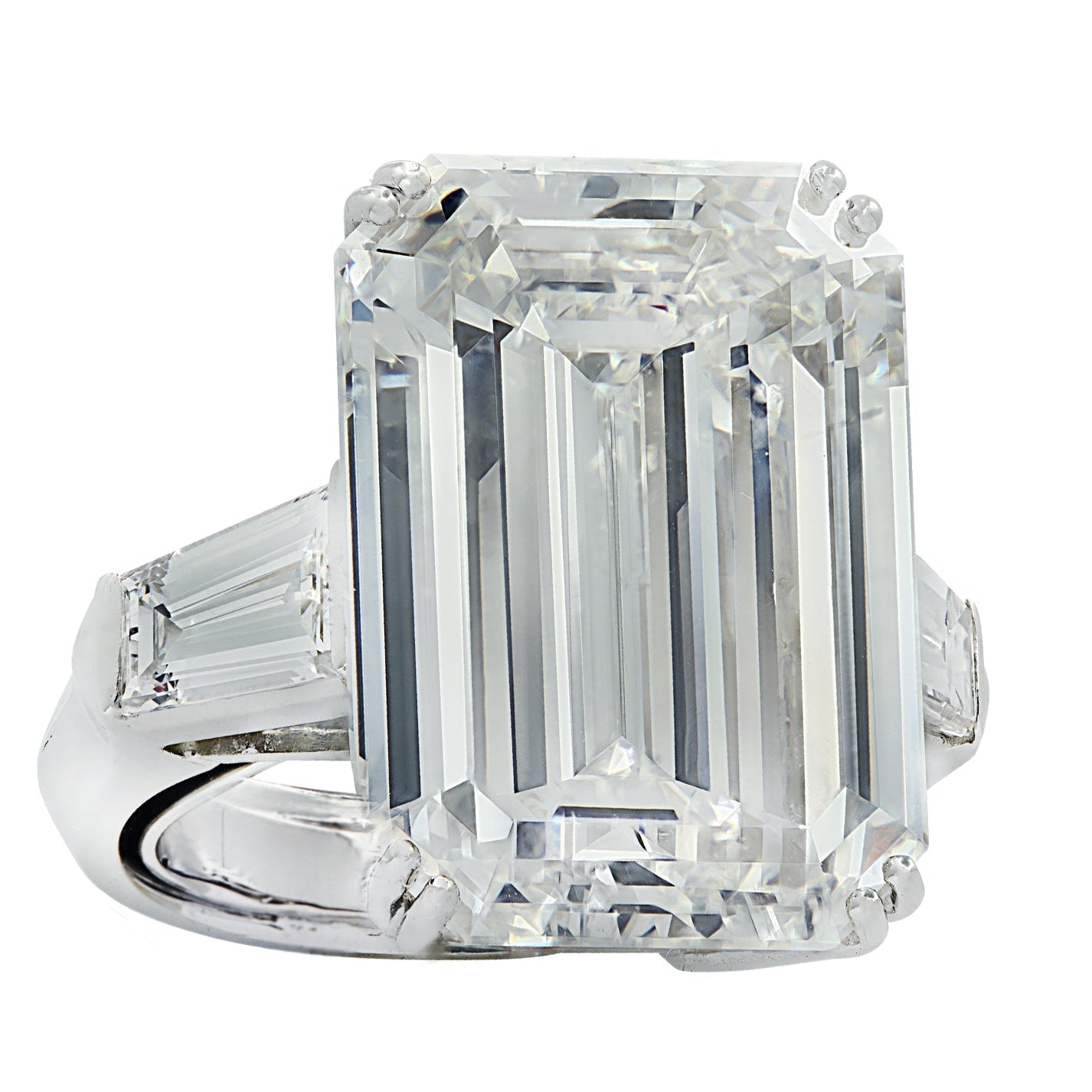 Exquisite 18.66ct GIA Certified Emerald Cut Diamond Engagement Ring in Platinum with Baguette Side Stones by Vivid Diamonds, highlighting the luxurious sparkle and elegance of the center diamond.