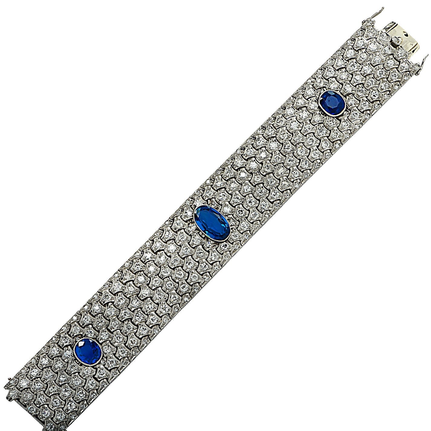 Circa 1920 French Art Deco Burma Sapphire & Old European Cut Diamond Bangle Bracelet - V37558 Vivid Diamonds