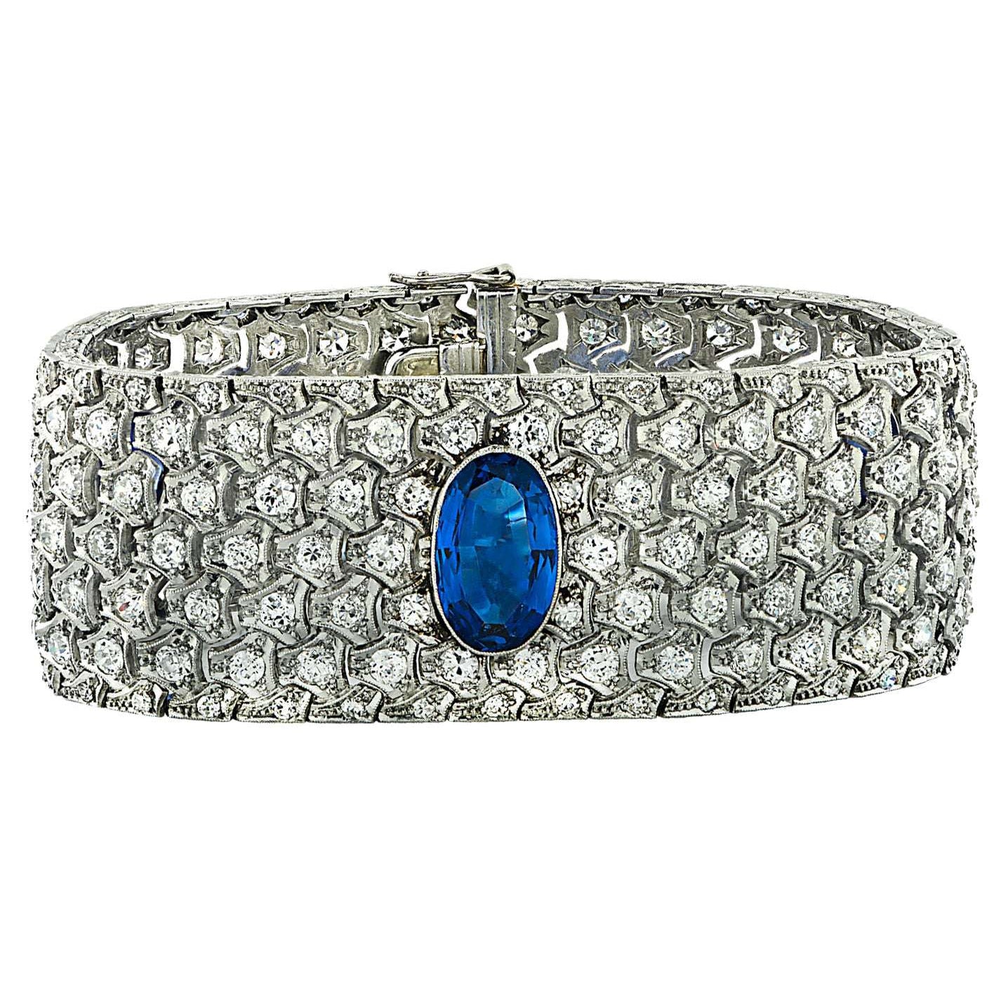 Circa 1920 French Art Deco Burma Sapphire & Old European Cut Diamond Bangle Bracelet - V37558 Vivid Diamonds