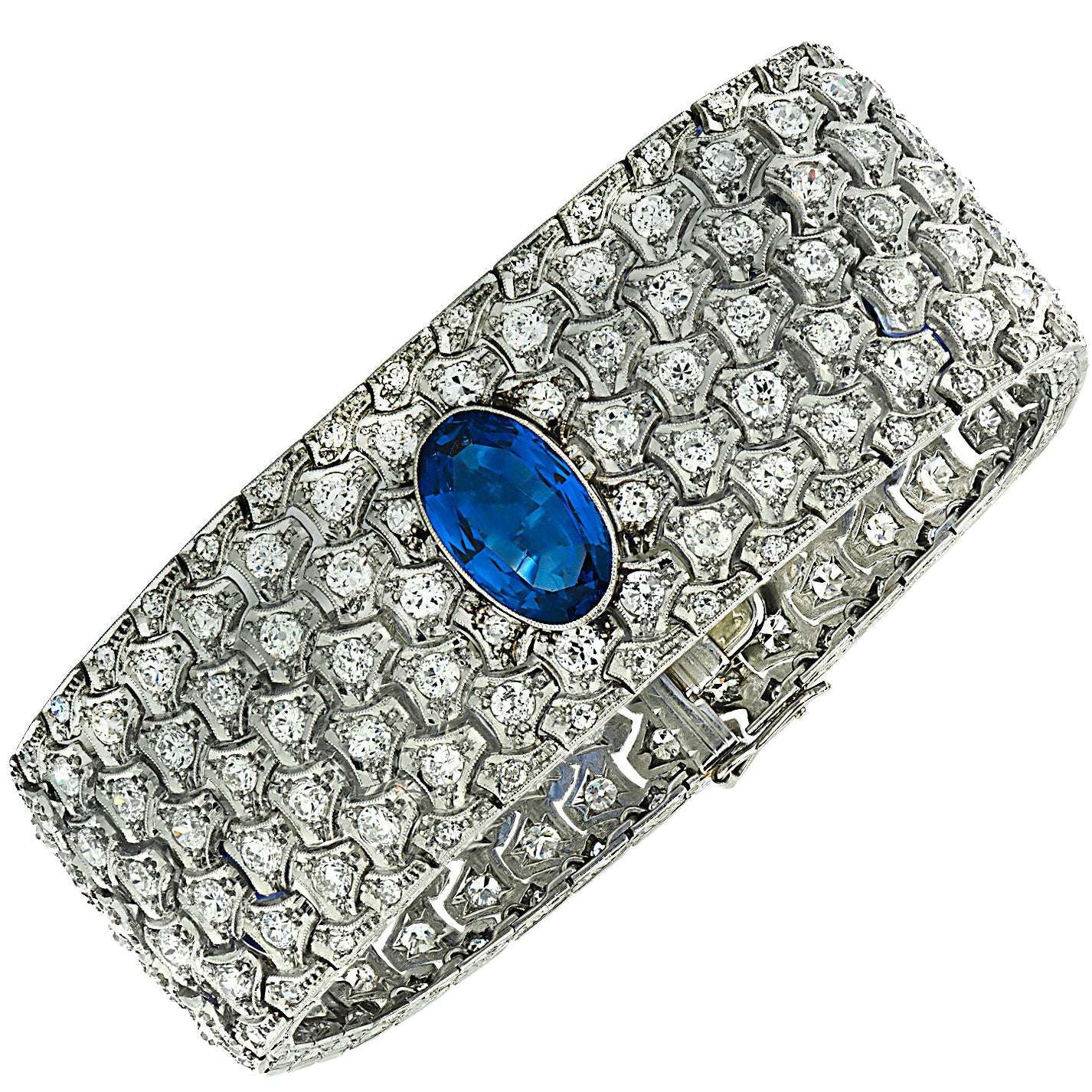 Circa 1920 French Art Deco Burma Sapphire & Old European Cut Diamond Bangle Bracelet - V37558 Vivid Diamonds