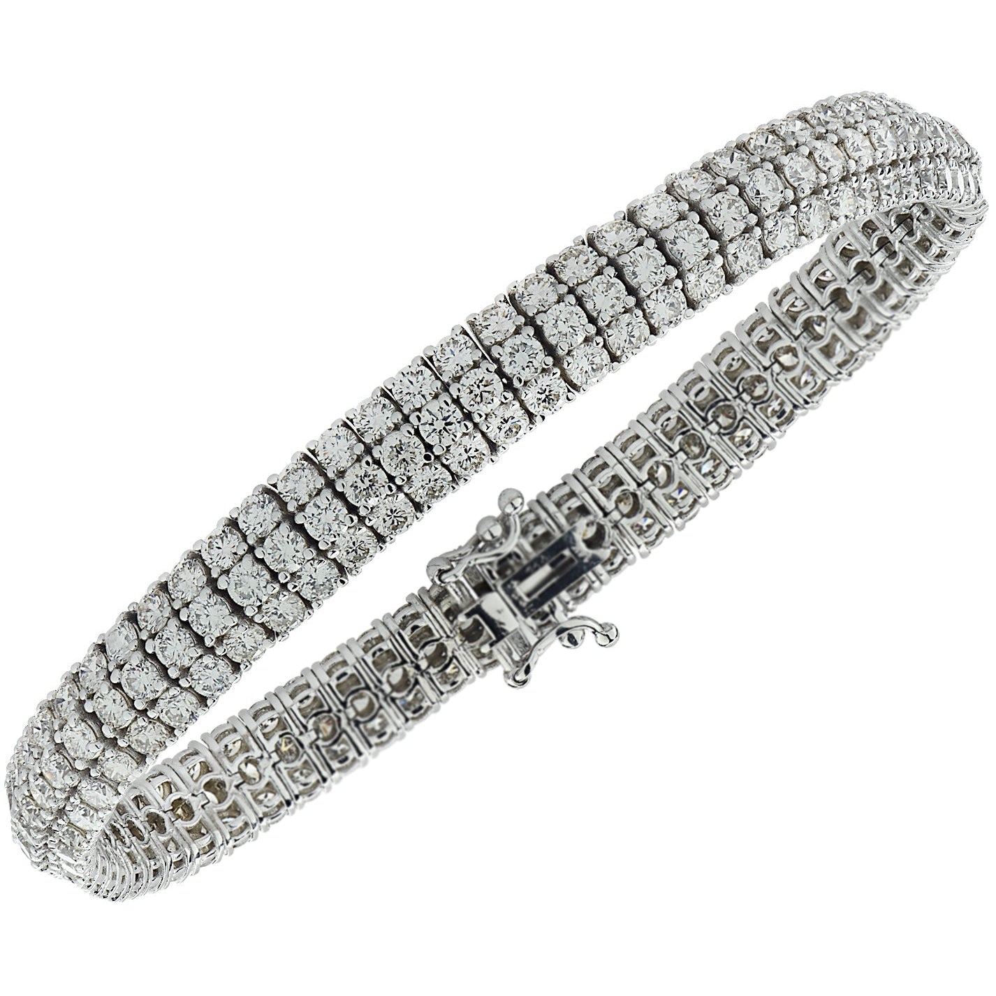 Exquisite 11.15 Carat Three Row Diamond Bangle Bracelet in White Gold by Vivid Diamonds, featuring 198 round brilliant cut diamonds for unparalleled elegance.