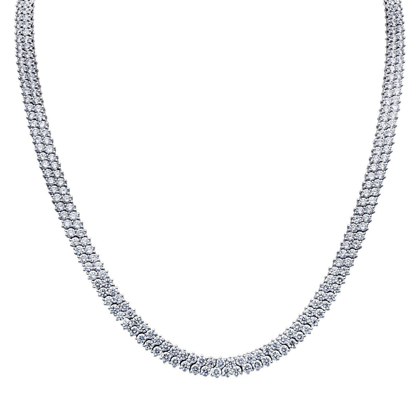 Vivid Diamonds 18.41 Ct Double Row Tennis Necklace in 14K White Gold featuring 336 Brilliant Cut Diamonds, elegantly displayed to highlight its stunning design and luxurious details.