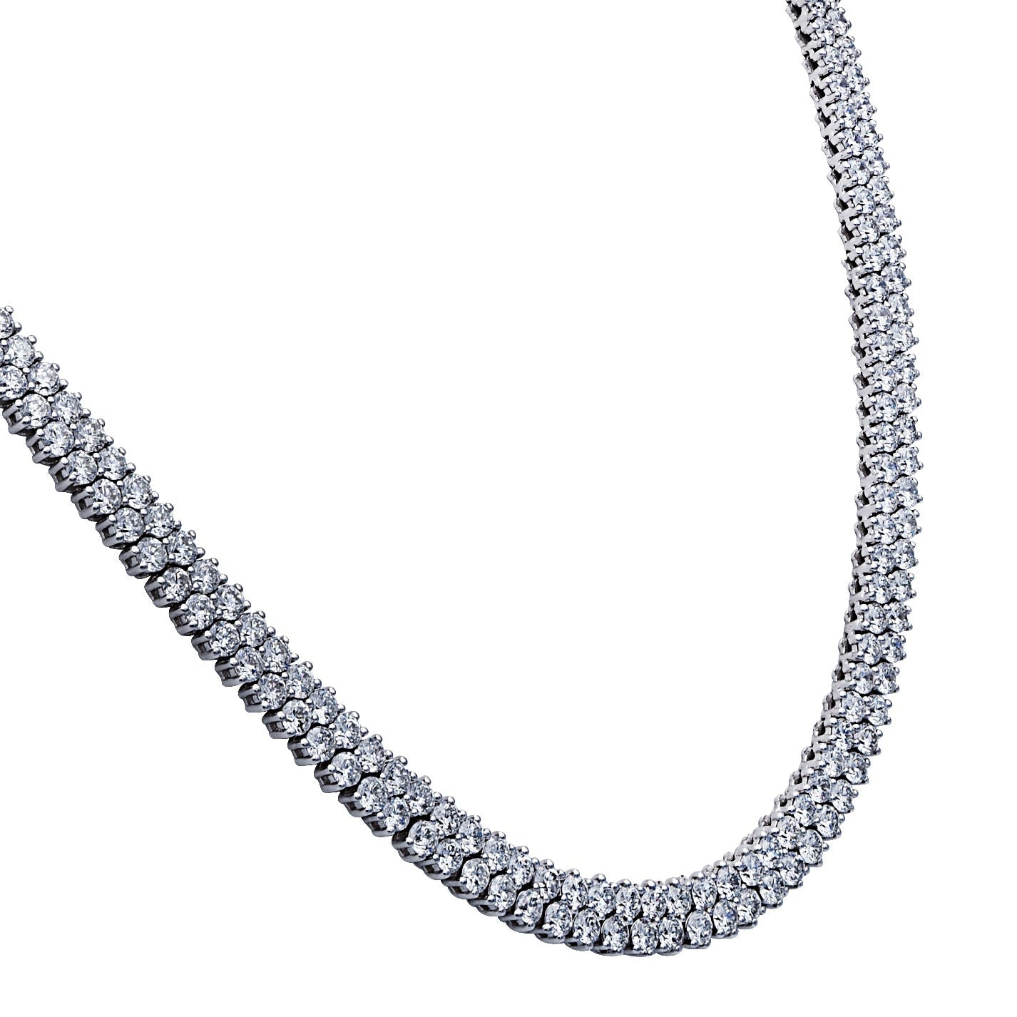 Close-up view of Vivid Diamonds 18.41 Ct Double Row Tennis Necklace in 14K White Gold, showcasing the brilliance of 336 round brilliant cut diamonds, exemplifying luxury and sophistication.