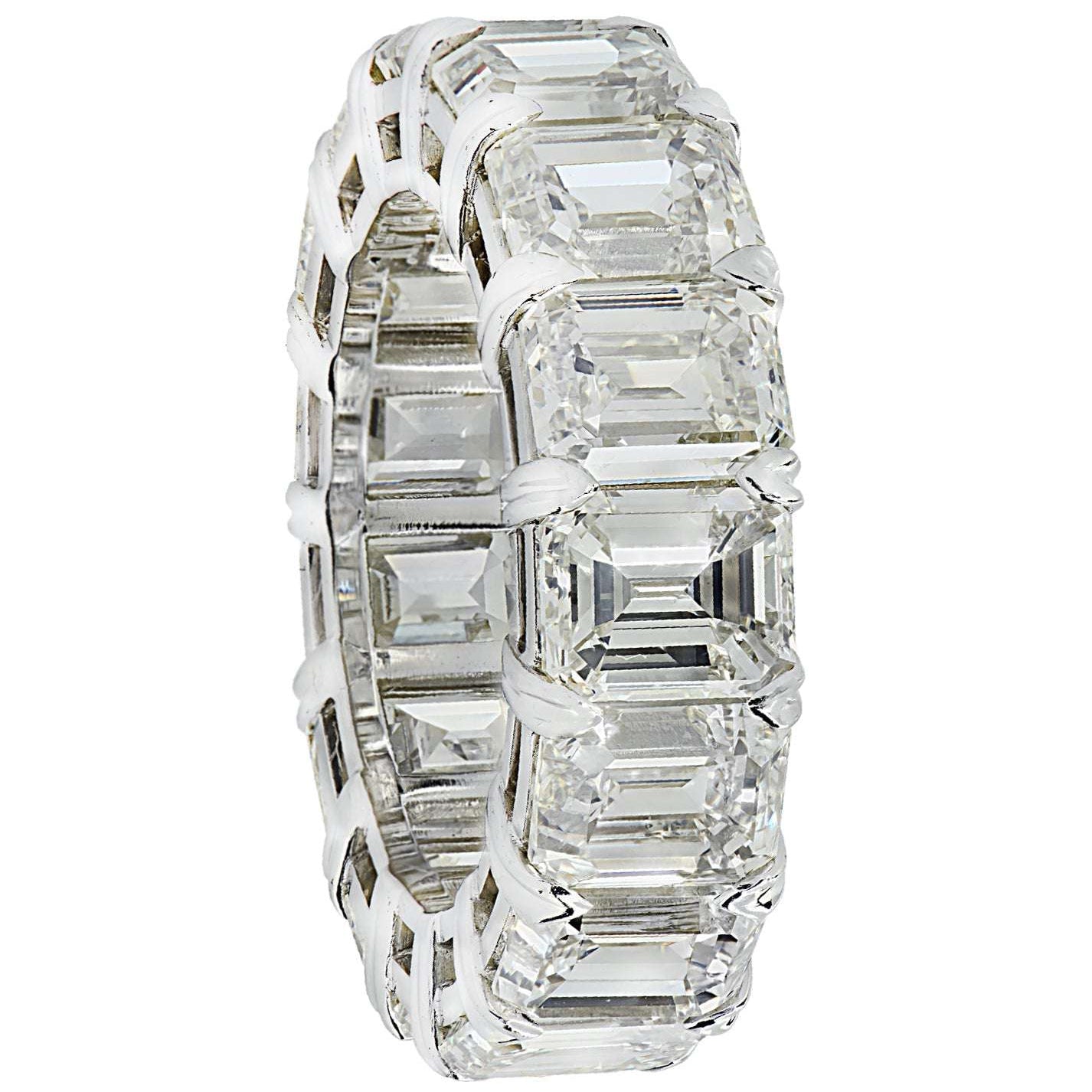 Elegant view of the 15.2 Carat Emerald Cut Diamond Eternity Band in Platinum by Vivid Diamonds, featuring a stunning arrangement of emerald cut diamonds, embodying sophistication and eternal love.