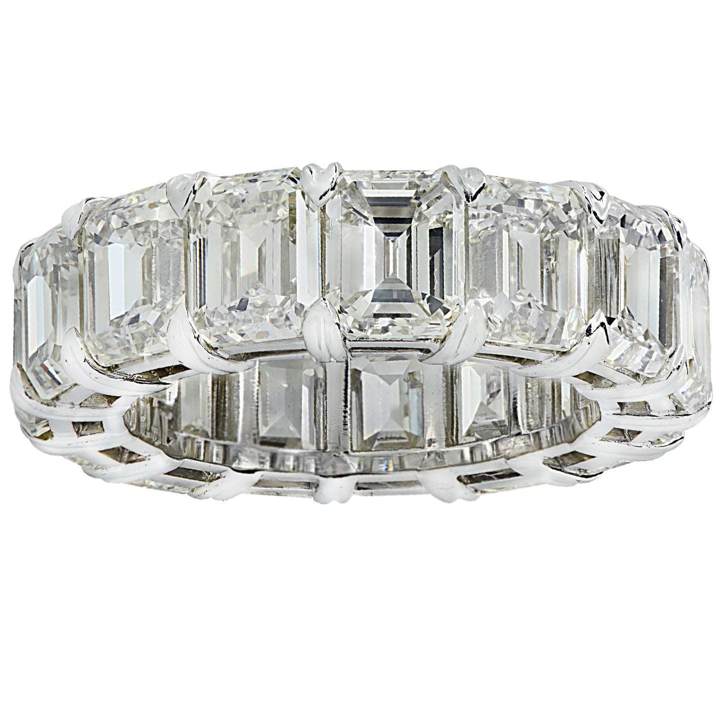 Top angle of the 15.2 Carat Emerald Cut Diamond Eternity Band in Platinum by Vivid Diamonds, highlighting the exquisite craftsmanship and exceptional brilliance of the emerald cut diamonds in a classic eternity design.