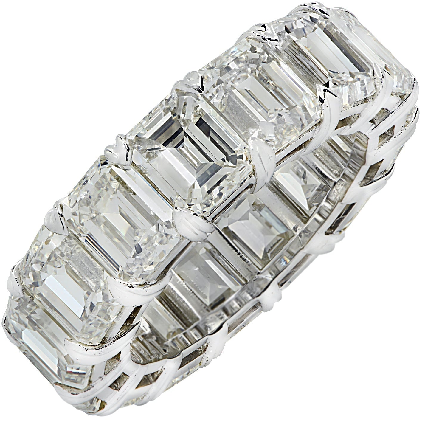 15.2 Carat Emerald Cut Diamond Eternity Band in Platinum by Vivid Diamonds showcasing brilliant emerald cut diamonds set in a luxurious platinum band, symbolizing timeless luxury.