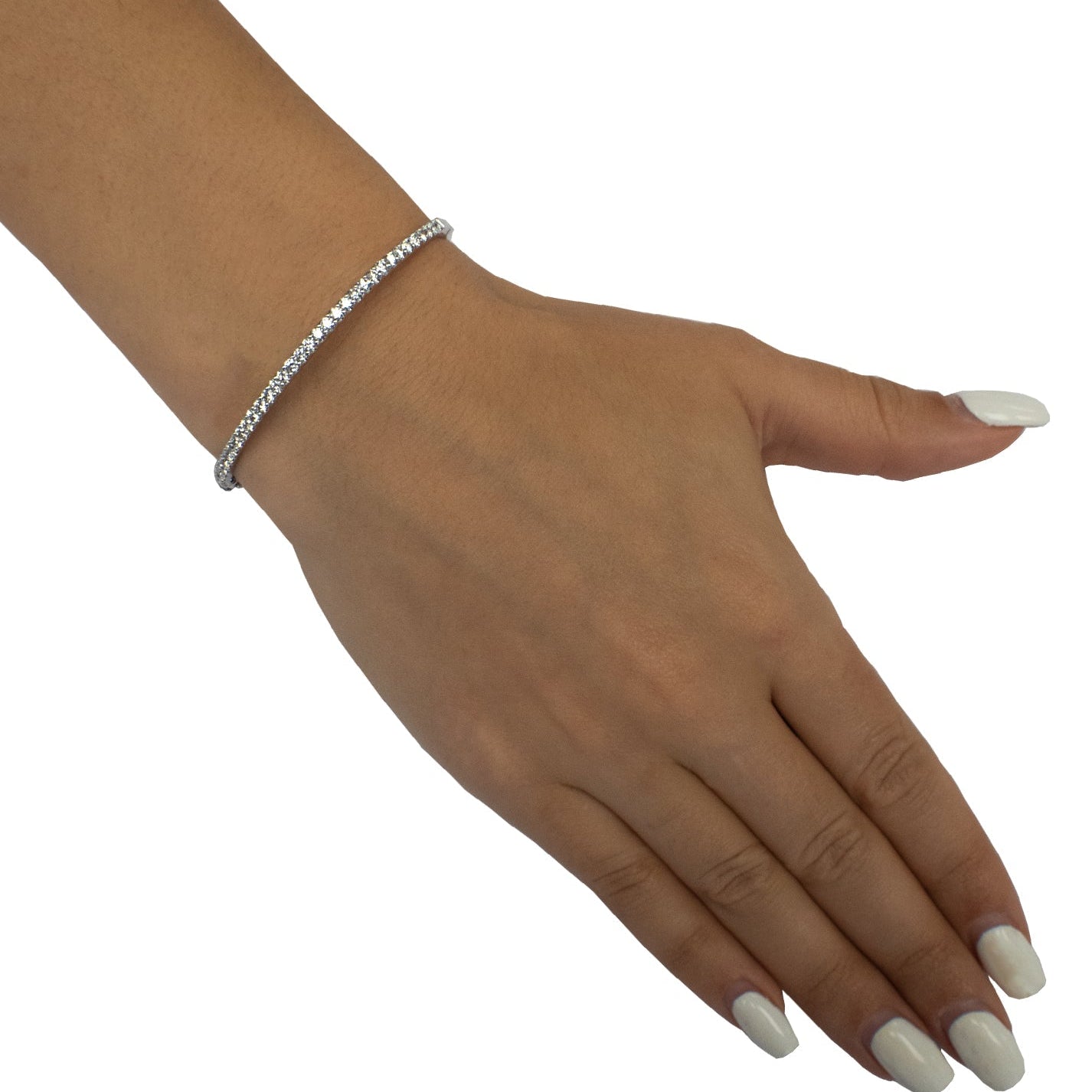Stunning 14k White Gold Diamond Bracelet by Vivid Diamonds displayed on a hand, highlighting the exquisite design and sparkle of 1.08 carats of G-H SI diamonds.