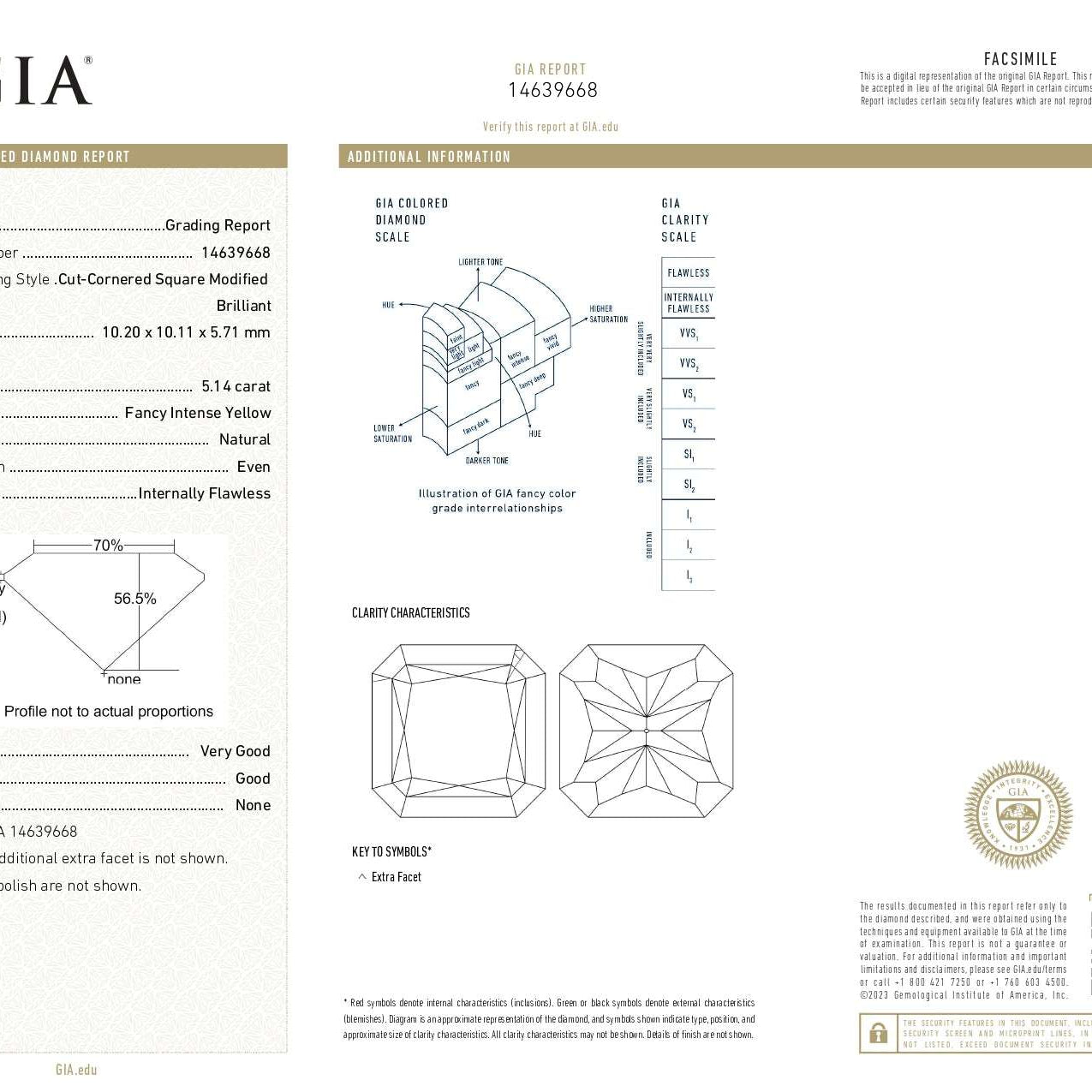 GIA Certificate for 10ct GIA Certified Fancy Intense Yellow Diamond Stud Earrings in Platinum & 18k Gold, showcasing grading details and measurements by Vivid Diamonds.