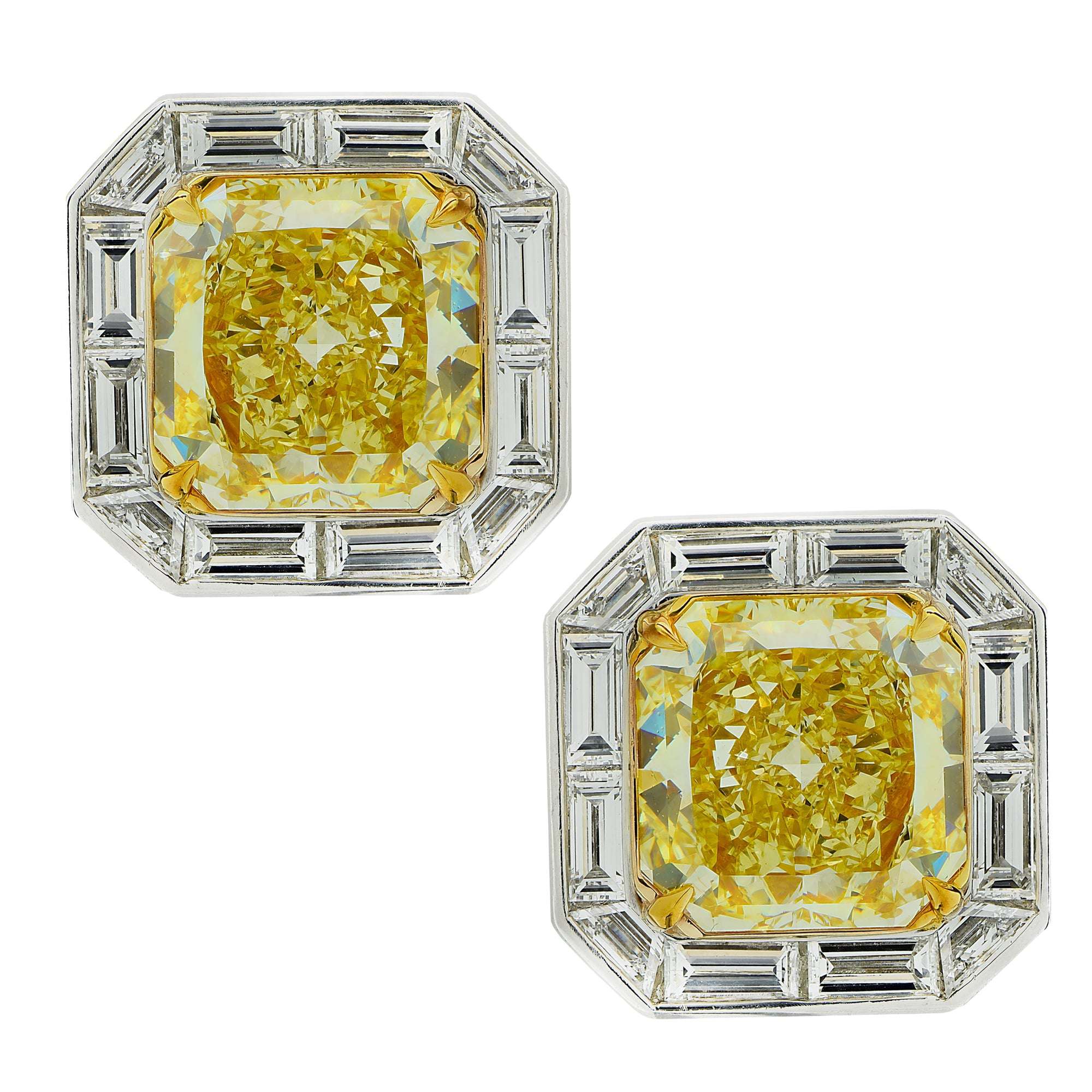 Exquisite 10ct GIA Certified Fancy Intense Yellow Diamond Stud Earrings in Platinum & 18k Gold by Vivid Diamonds, featuring a stunning 3ct Baguette Halo that enhances the vivid yellow color of the center stones.