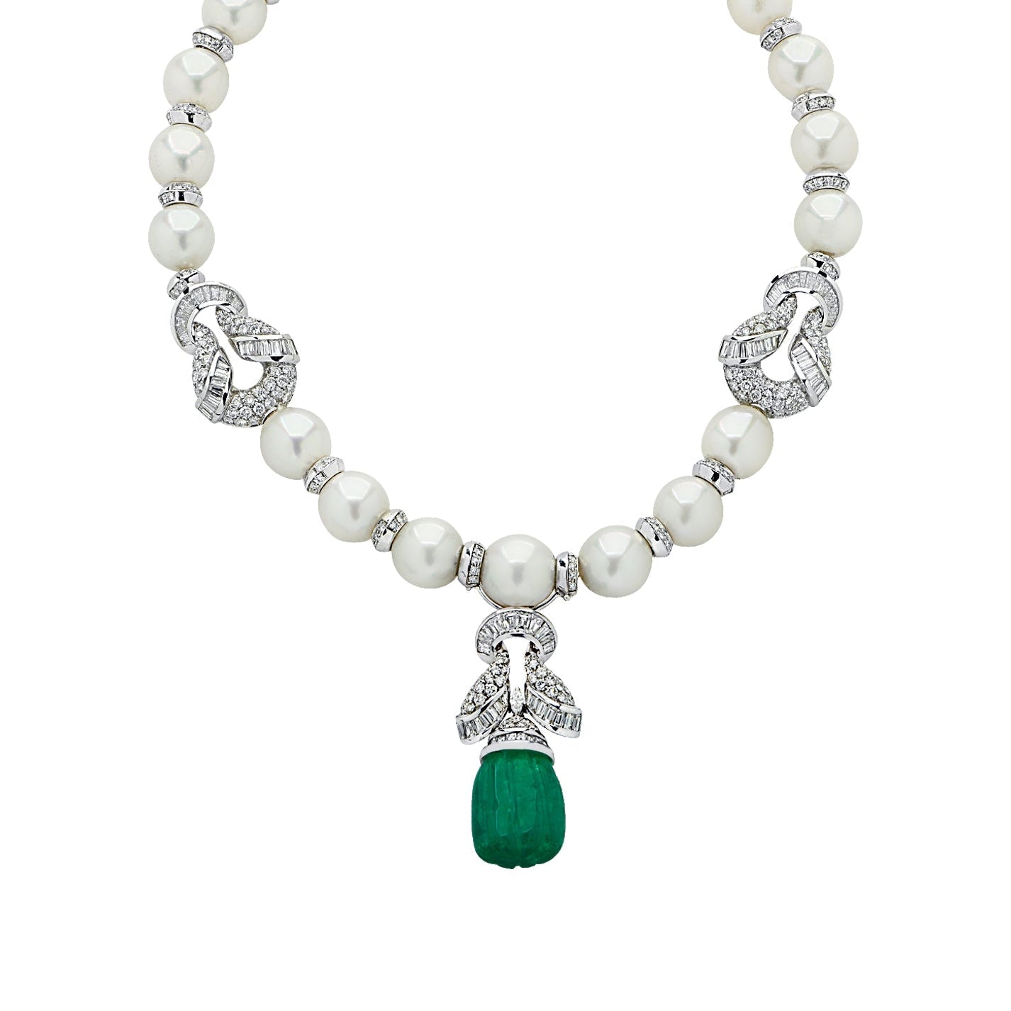 Piranesi Italy Diamond, Pearl and Carved Emerald Drop Necklace -V78713 Vivid Diamonds