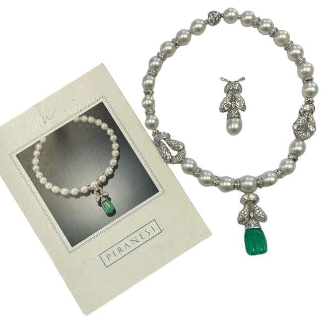 Piranesi Italy Diamond, Pearl and Carved Emerald Drop Necklace -V78713 Vivid Diamonds