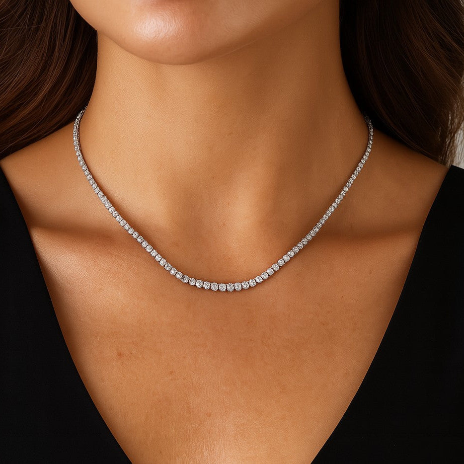 Elegant model showcasing the Straight Line 5.70 Carat Diamond Tennis Necklace by Vivid Diamonds, highlighting its classic beauty and exquisite craftsmanship.