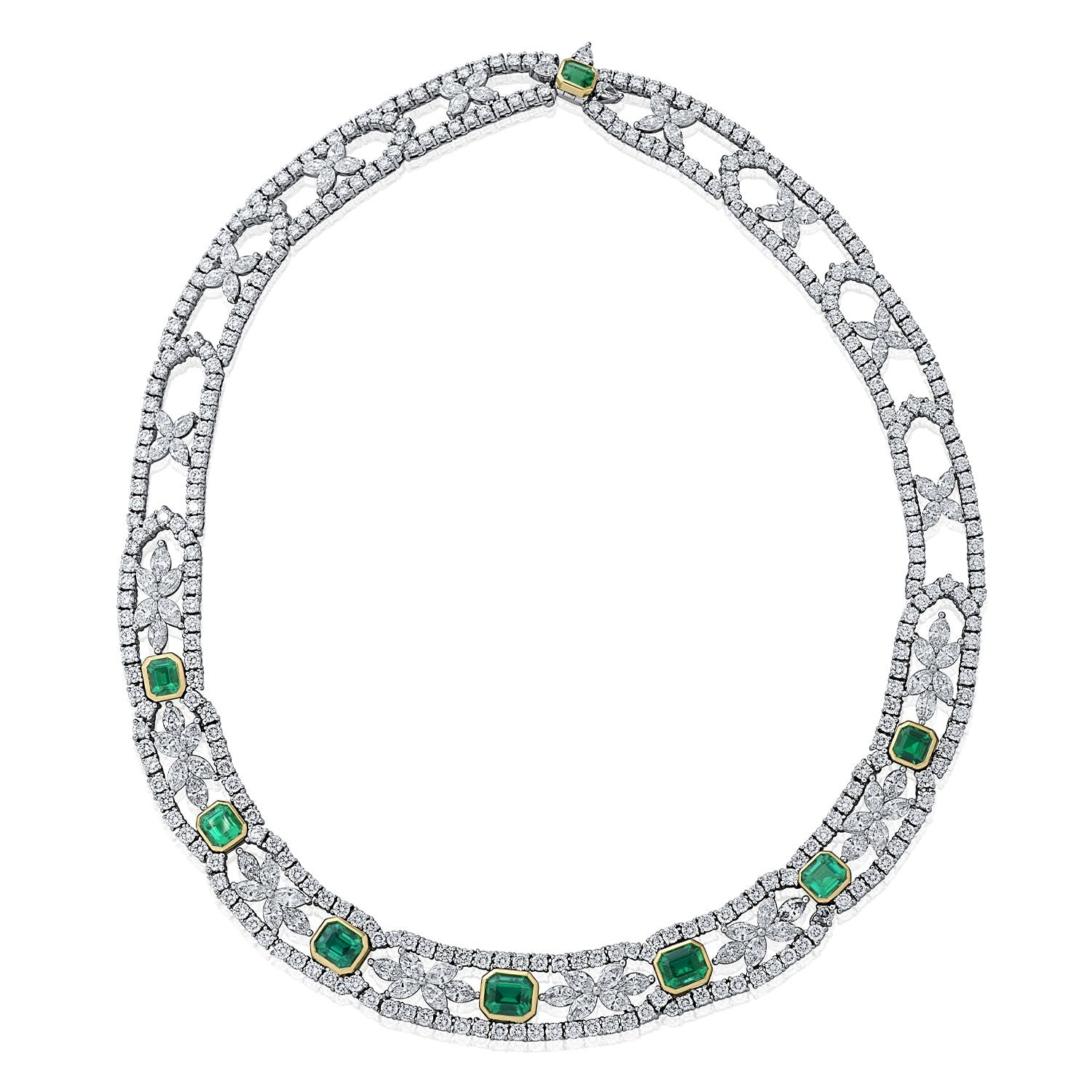 Stunning Tiffany & Co. Emerald & Diamond Necklace in Platinum & 18k Yellow Gold, featuring 8 AGL Certified emerald cut emeralds totaling 9.50 carats and approximately 37.50 carats of mixed-cut diamonds, showcasing a luxurious design perfect for any occasion.