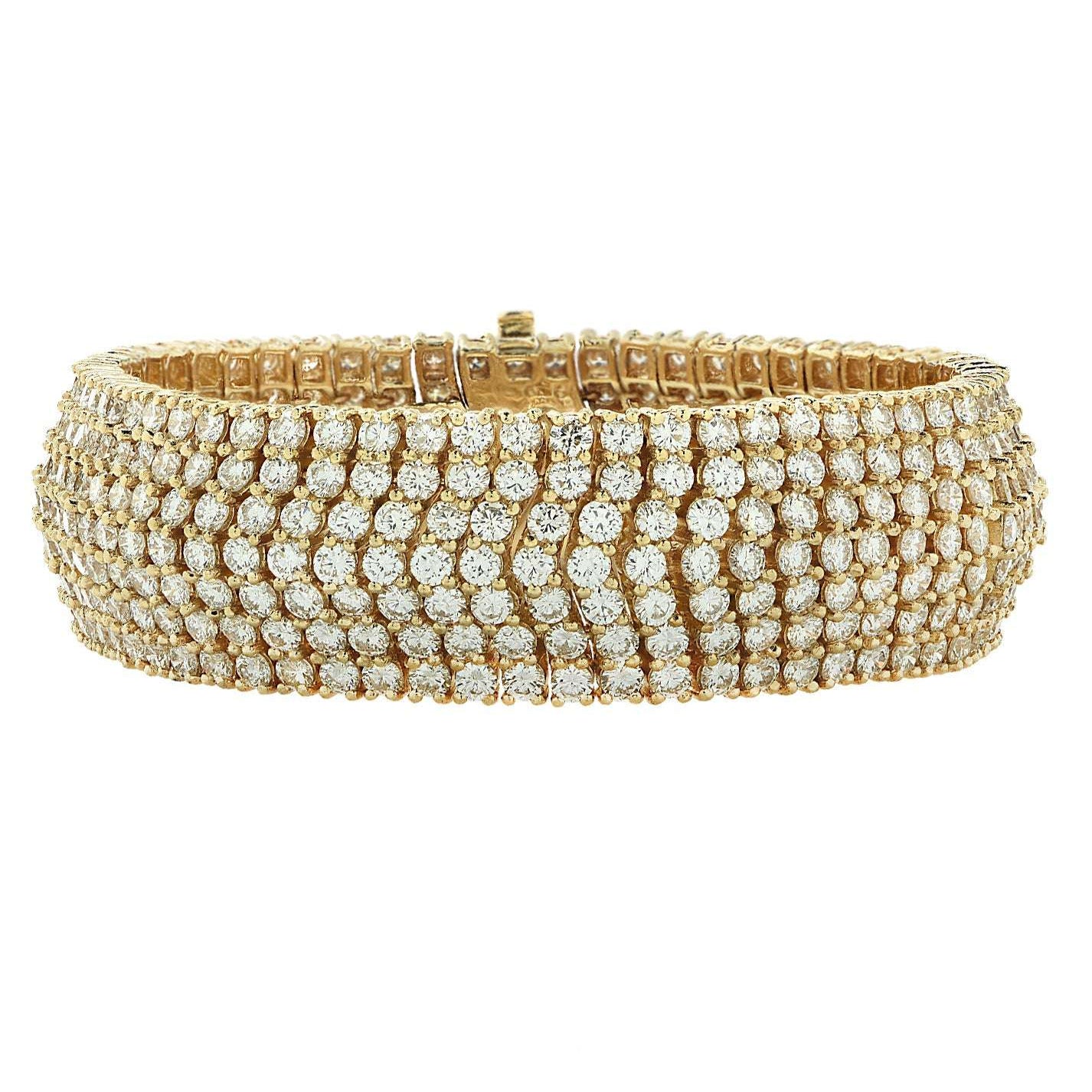 Elegant 30 Carat Diamond Domed Bracelet in 18K Yellow Gold by Vivid Diamonds, showcasing a captivating arrangement of 413 round brilliant cut diamonds with exceptional sparkle.