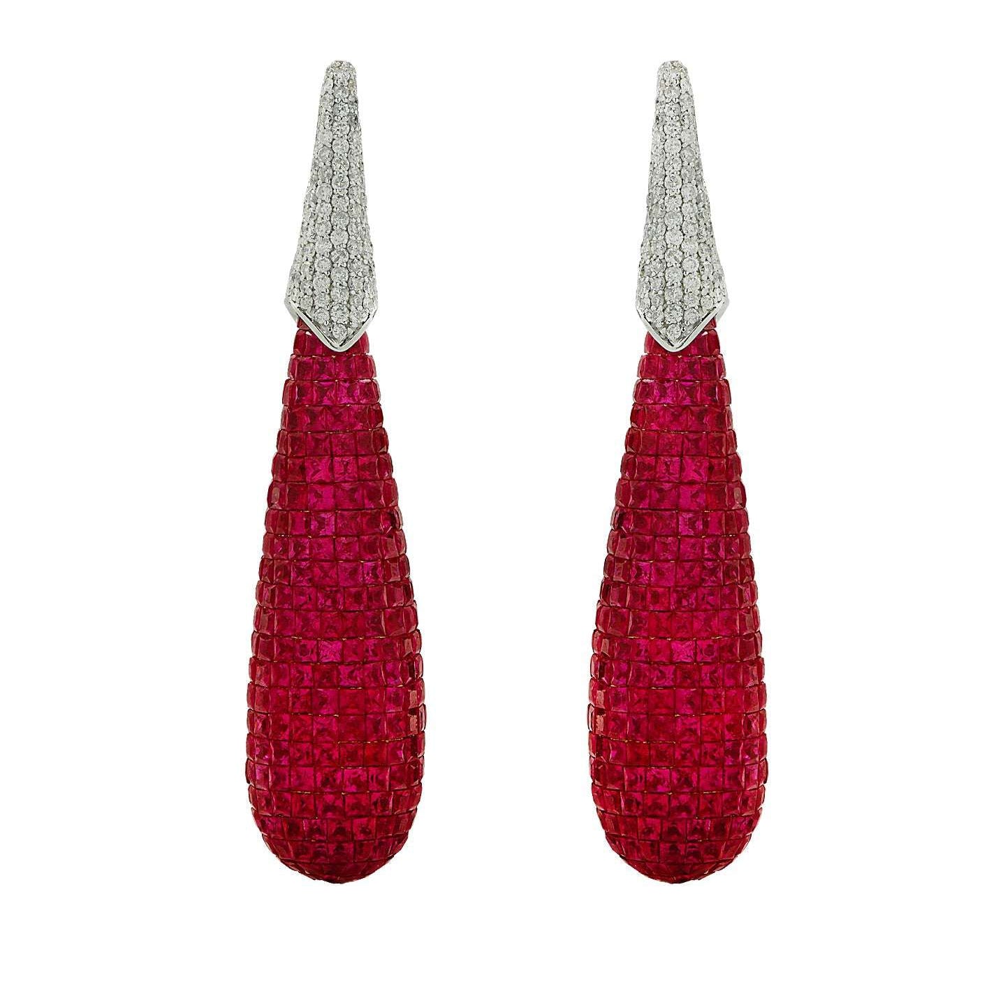 30 Carat Mystery Set Ruby & Diamond Dangle Earrings - V44022 Vivid Diamonds