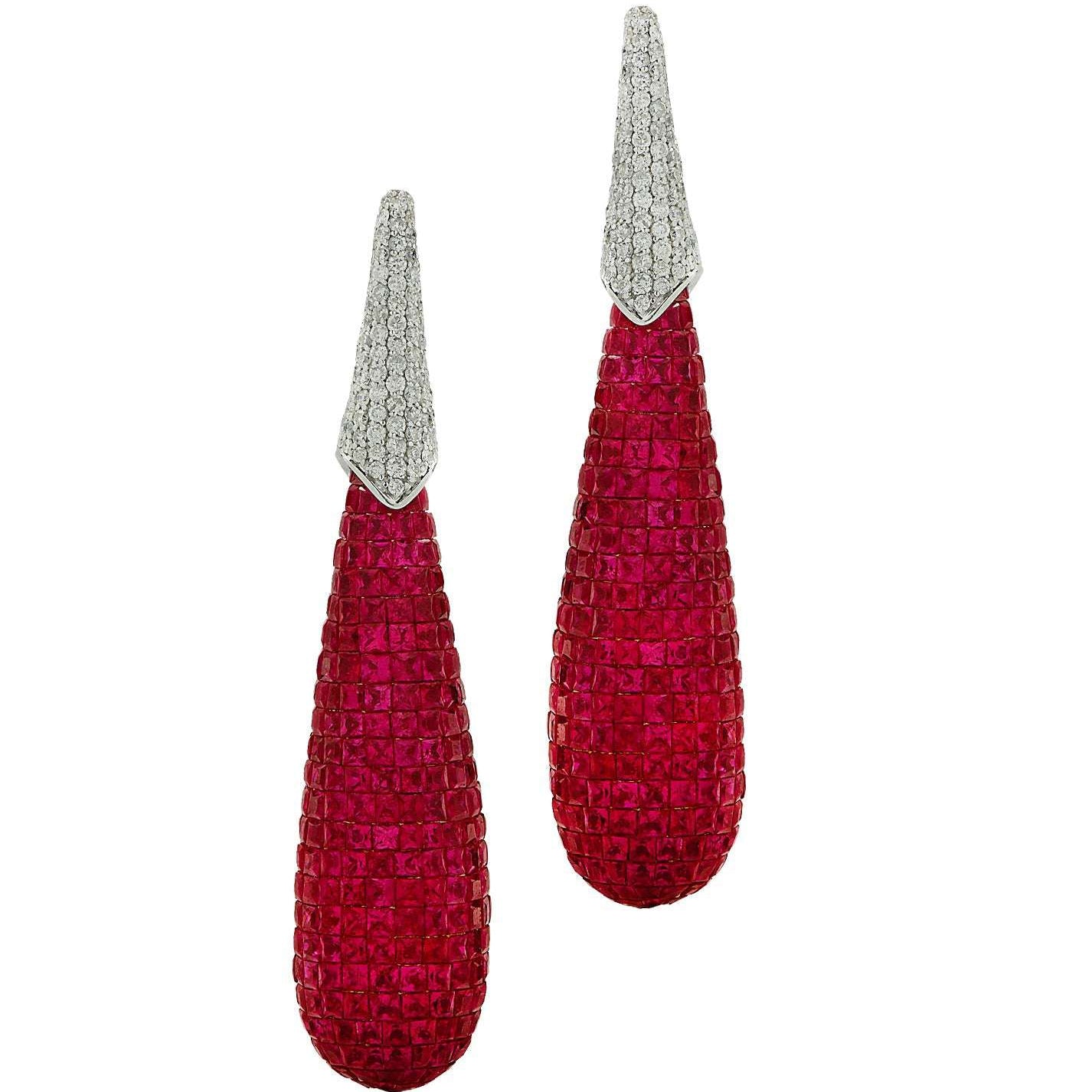 30 Carat Mystery Set Ruby & Diamond Dangle Earrings - V44022 Vivid Diamonds