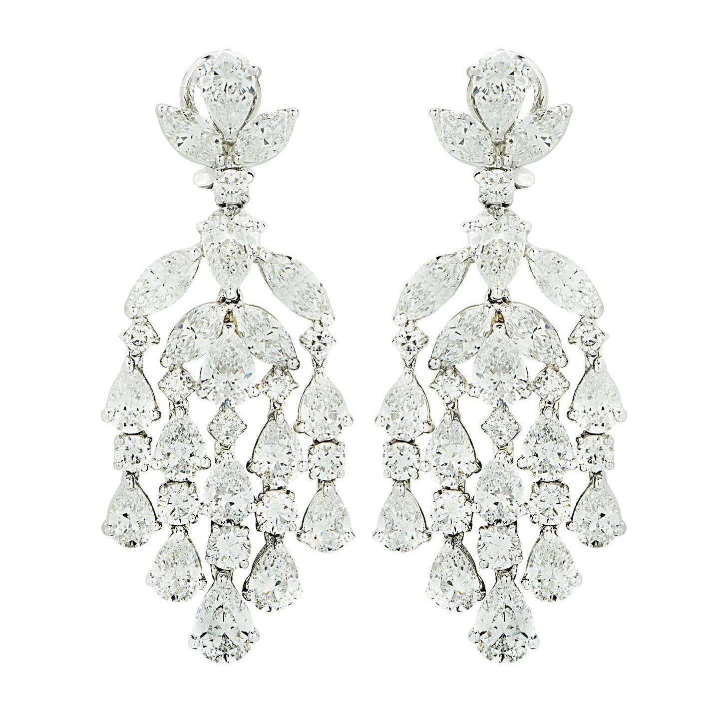 Vivid Diamonds 19 Carat Luxury Diamond Dangle Earrings - 60 Stones, Crafted in Platinum, V44748 showcasing a luxurious silhouette with multiple diamond cuts, elegant for daytime or formal events.