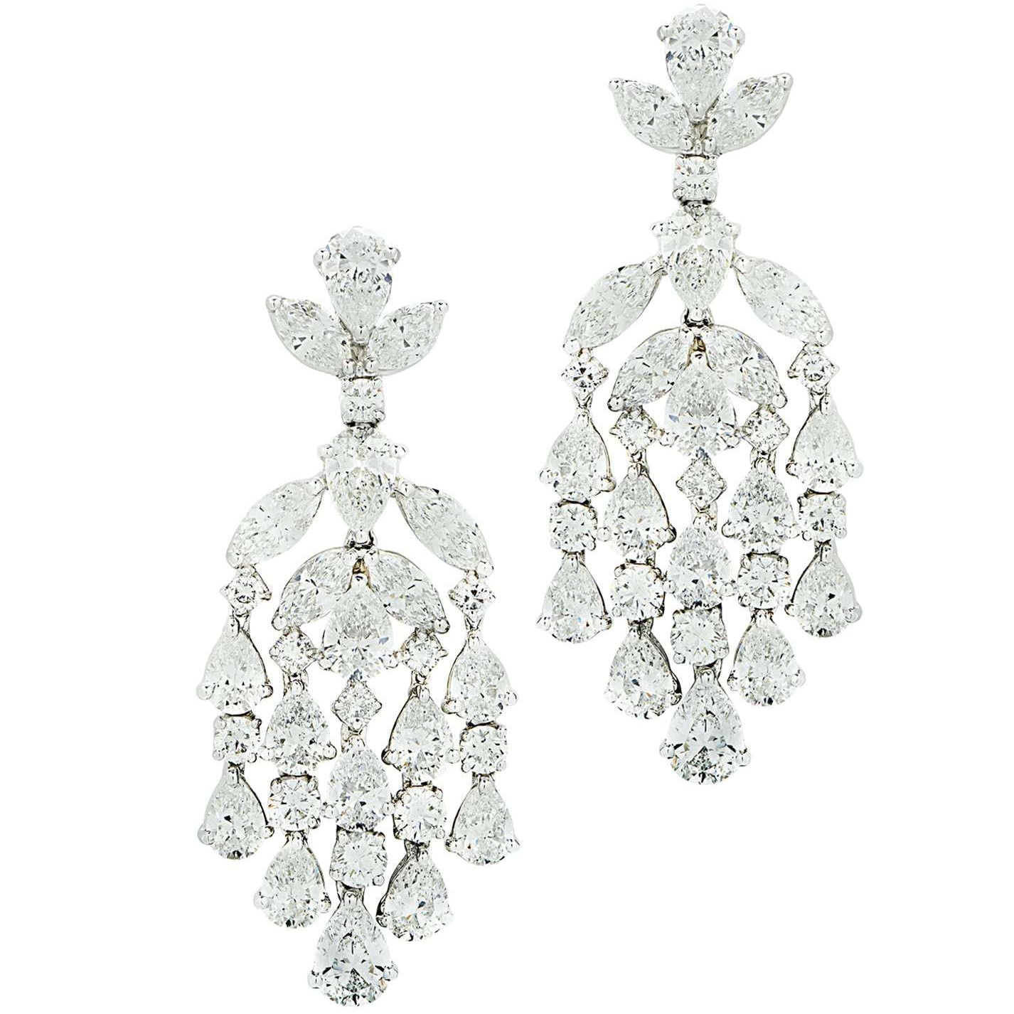 Vivid Diamonds 19 Carat Luxury Diamond Dangle Earrings - 60 Stones, Crafted in Platinum, V44748 featuring intricate pear, round brilliant, and marquise cut diamonds with a stunning dangle design, perfect for special occasions.
