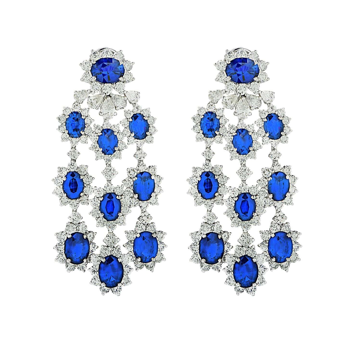 Stunning Vivid Diamonds 30Ct Sapphire & 21.25Ct Diamond Chandelier Earrings in Platinum featuring an intricate design with royal blue gemstones and a brilliant diamond halo, ideal for formal wear.