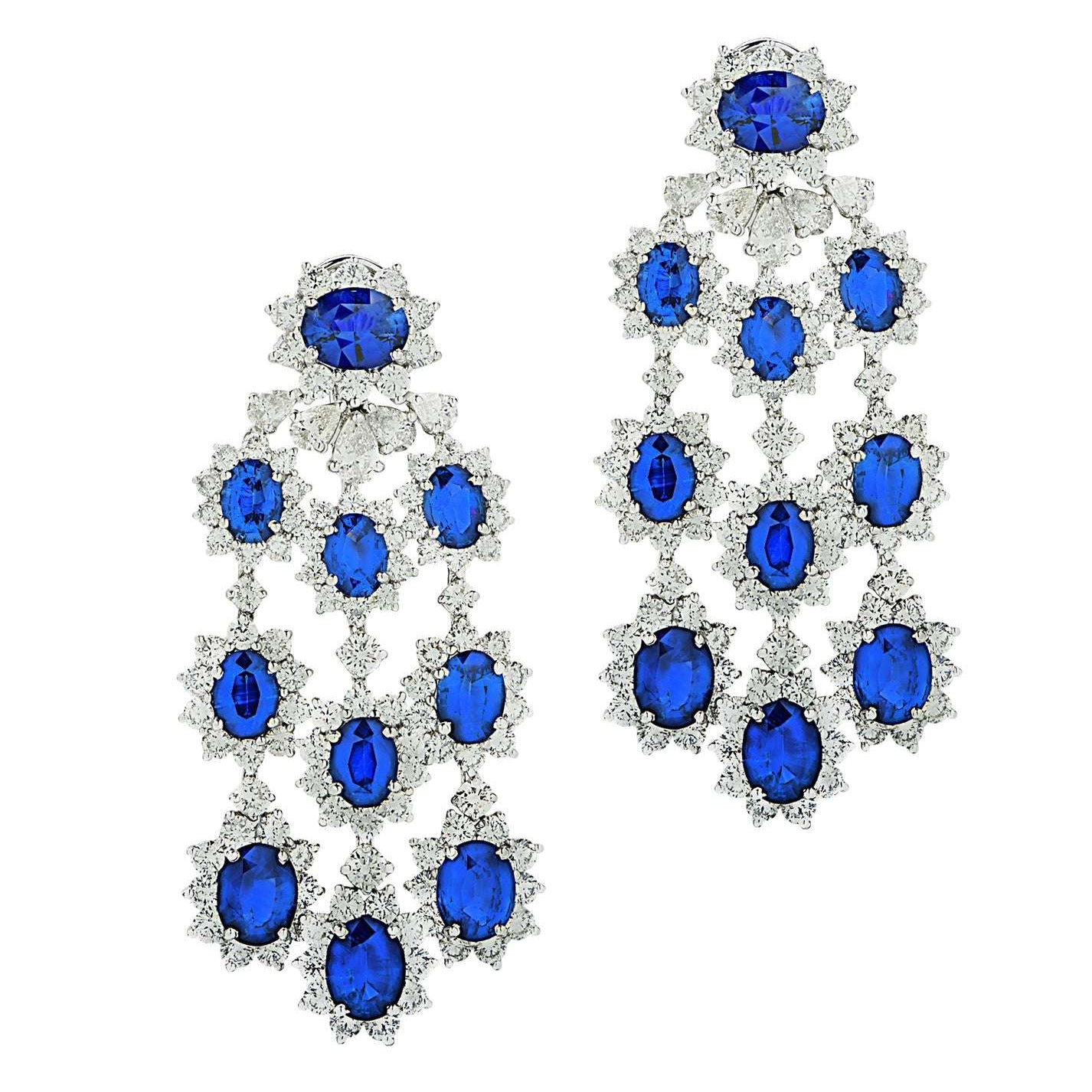 Luxurious Vivid Diamonds 30Ct Sapphire & 21.25Ct Diamond Chandelier Earrings in Platinum showcasing vibrant blue sapphires and sparkling diamonds, perfect for elegant occasions.