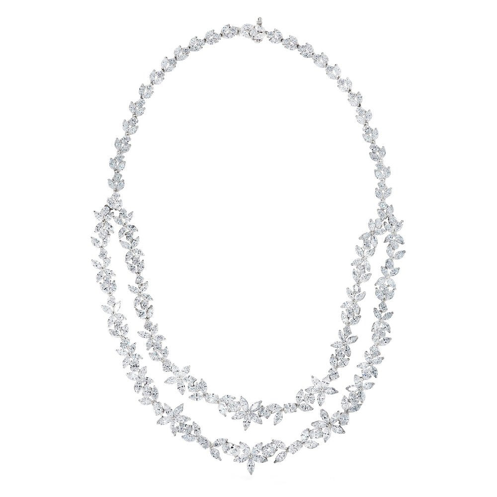 Stunning 40 Carat Vivid Diamonds Cluster Necklace in 18K White Gold from Vivid Diamonds, showcasing an exquisite dual strand design with brilliant diamonds.