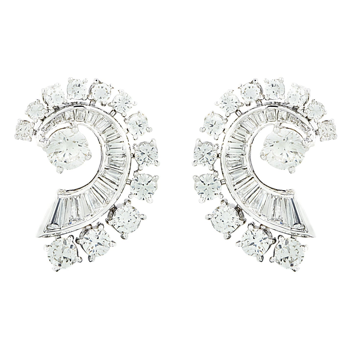 Elegant Mid-Century 4 Carat Platinum Diamond Swirl Earrings by Vivid Diamonds, showcasing a stunning arrangement of diamonds that exude timeless sophistication.