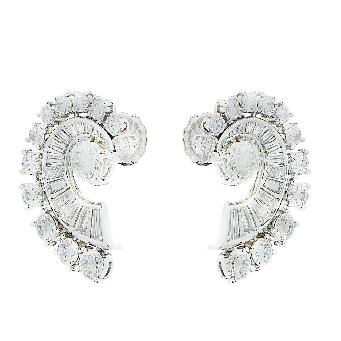 Chic Mid-Century 4 Carat Platinum Diamond Swirl Earrings by Vivid Diamonds, highlighting exquisite craftsmanship and brilliant diamond clarity for an impressive fashion statement.