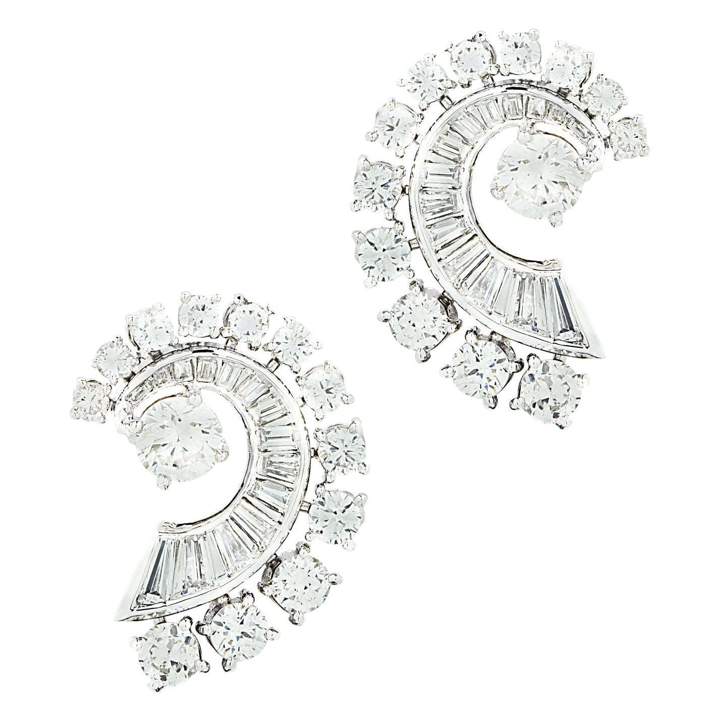 Luxury Mid-Century 4 Carat Platinum Diamond Swirl Earrings by Vivid Diamonds, featuring intricate designs with baguette and round brilliant-cut diamonds for a captivating sparkle.
