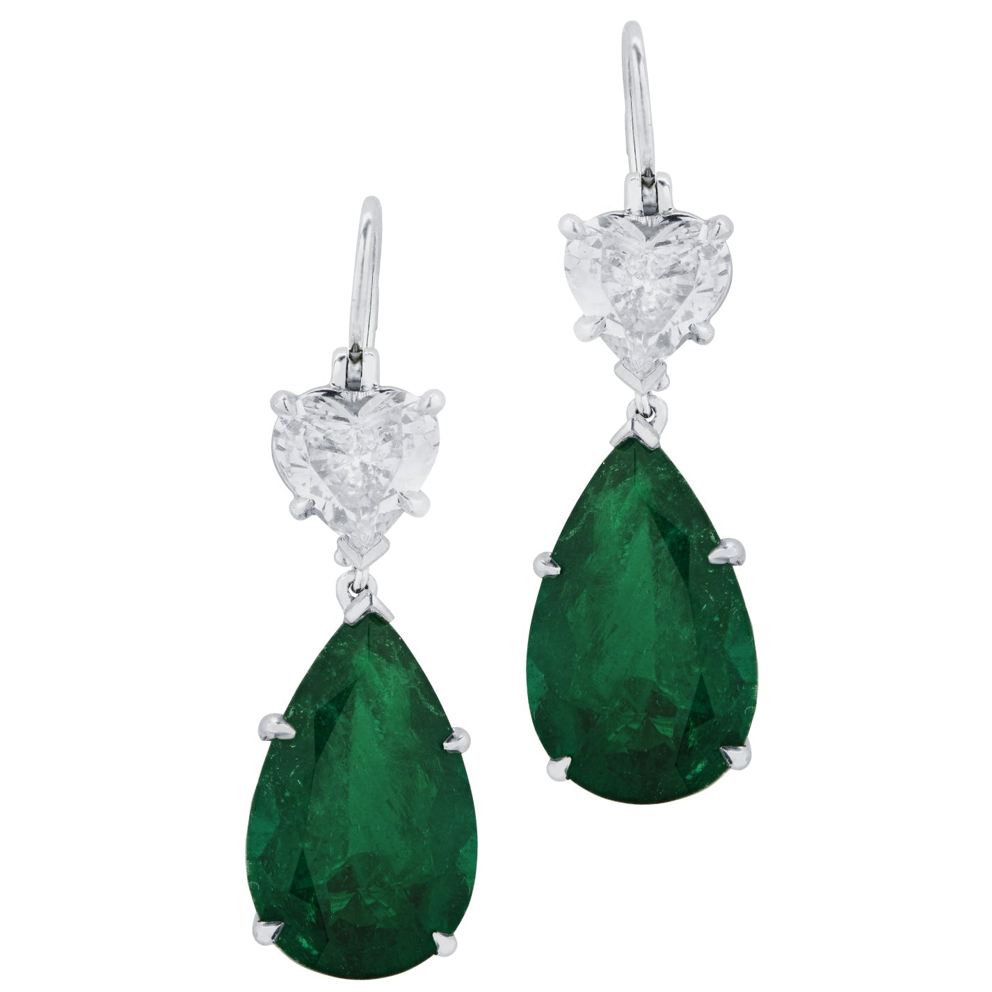 Vivid Diamonds GIA Certified 7.88ct Colombian Emerald & 2ct Diamond Dangle Earrings showcased against a plain background, highlighting their exquisite pear-shaped Colombian emeralds and heart-shaped diamonds in luxurious platinum settings.