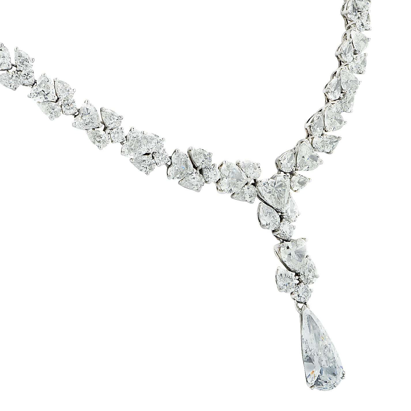 Detailed view of Vivid Diamonds 56 Carat Platinum Diamond Drop Necklace highlighting the intricate design and the glamorous pear-shaped diamond, a true symbol of luxury.