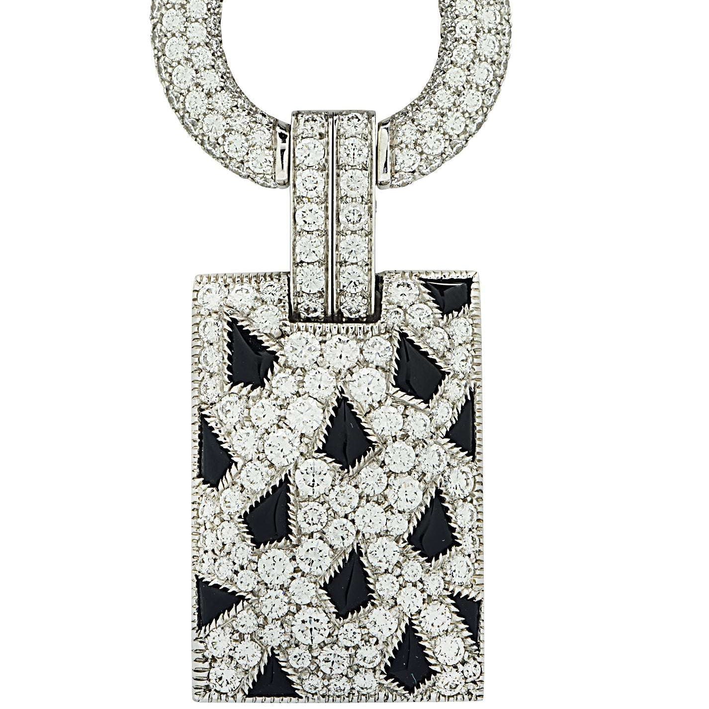 Close-up view of the Panthère De Cartier 2.8 Carat Diamond and Black Onyx Pendant in 18K White Gold by Vivid Diamonds, highlighting the intricate details and elegant craftsmanship.