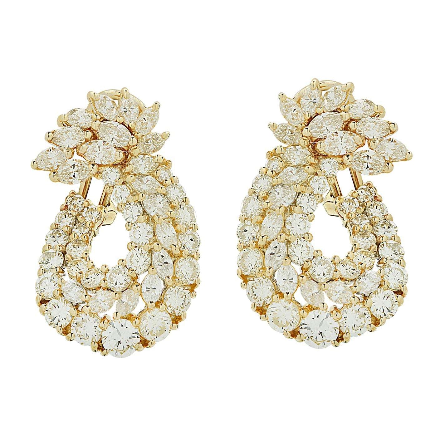 Luxury 8 Carat Diamond Swirl Hoop Earrings by Vivid Diamonds, featuring a stunning arrangement of round brilliant and marquise cut diamonds set in 18K yellow gold, showcasing elegance and sophistication.