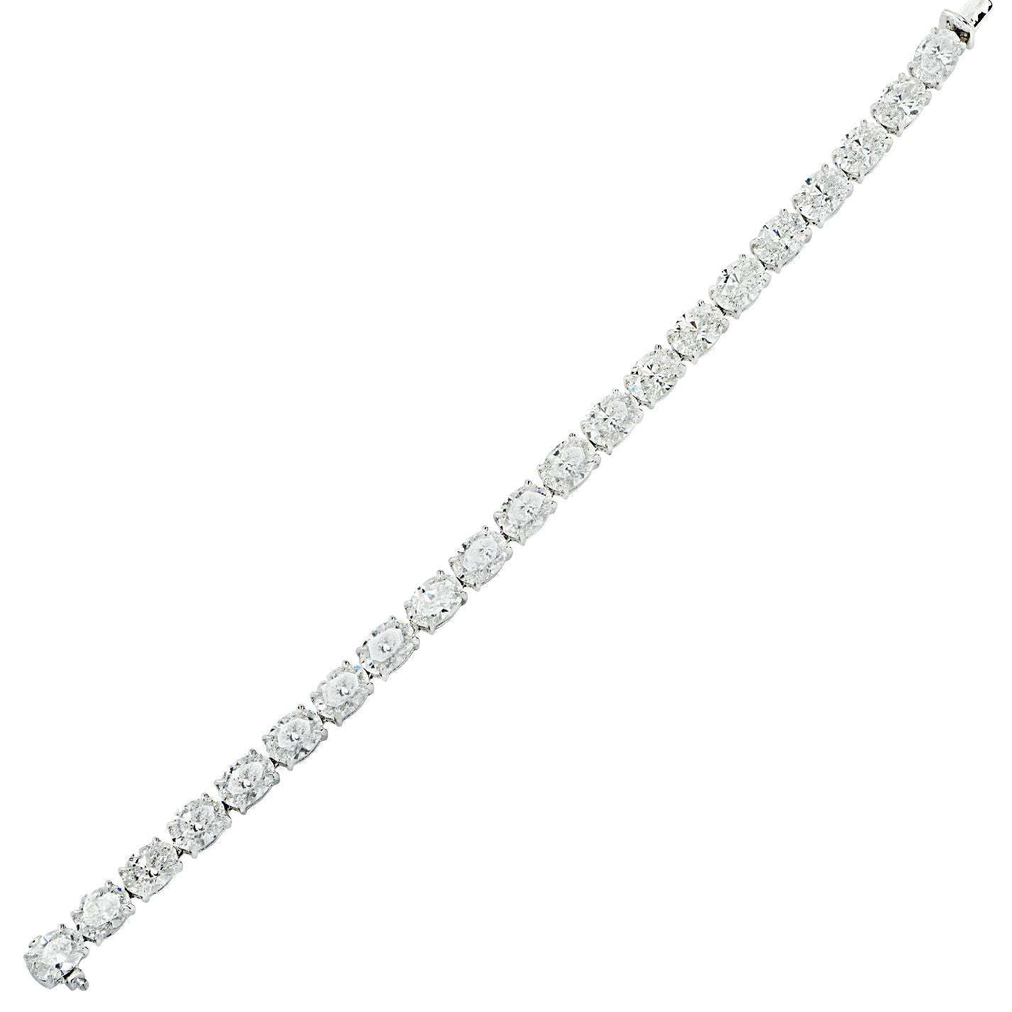 Elegant view of the GIA Certified 21.20 Ct Oval Cut Diamond East-West Tennis Bracelet in Platinum by Vivid Diamonds, showcasing the brilliance of multiple oval-cut diamonds aligned perfectly.
