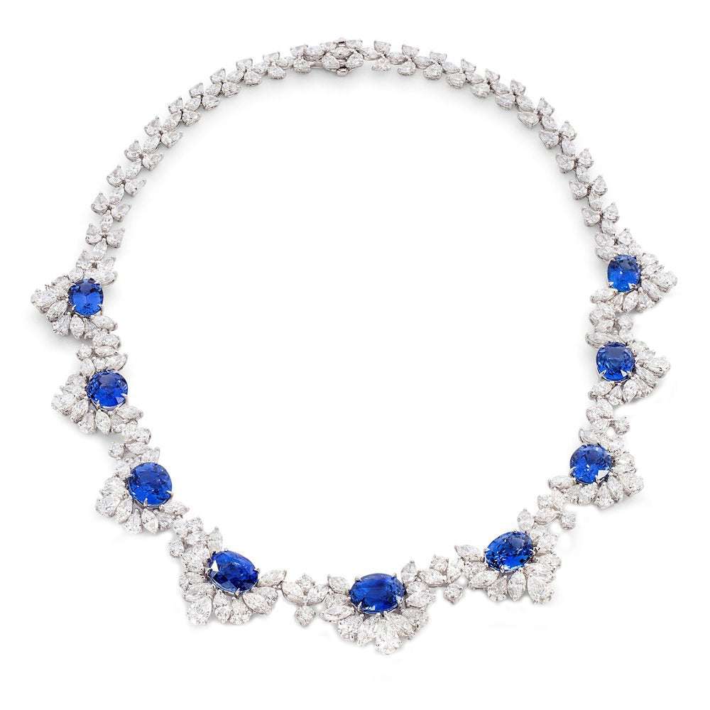 Exquisite VIVID Diamonds 40ct Oval-Cut Sapphire & 42.5ct Diamond Necklace in Platinum, showcasing vibrant oval-cut sapphires and luxurious diamonds, embodying elegance and sophistication.
