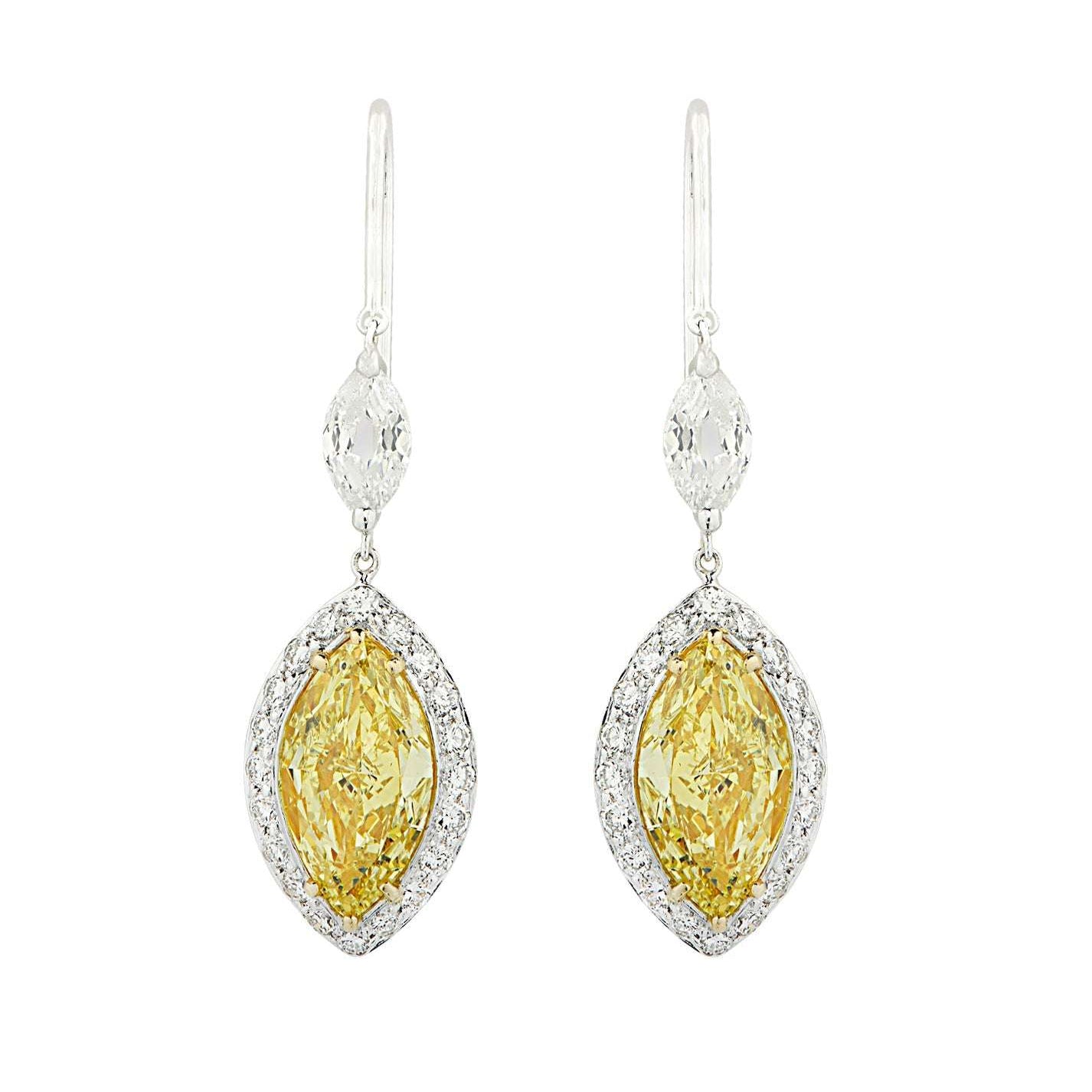 3.94 Carat GIA Certified Fancy Intense Yellow Diamond and White Diamond Dangle Earrings-V45635 Vivid Diamonds