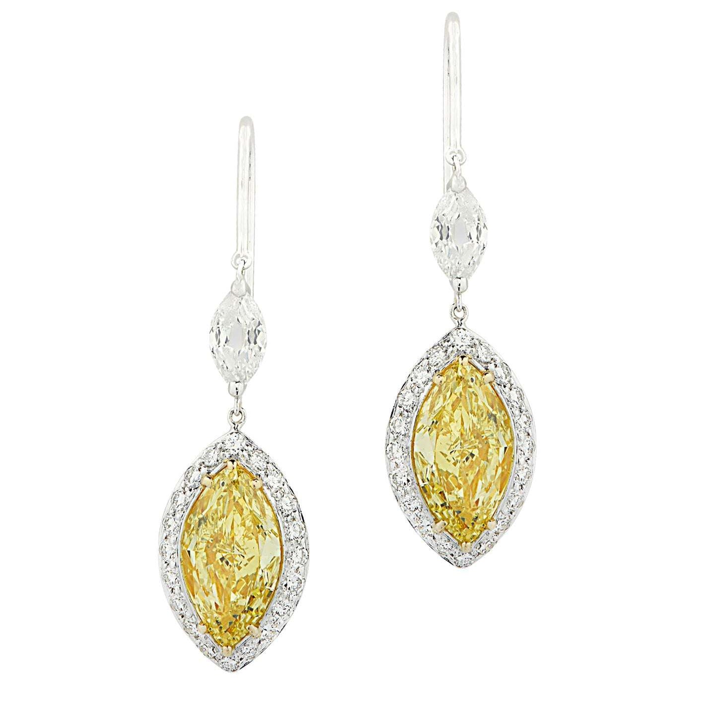3.94 Carat GIA Certified Fancy Intense Yellow Diamond and White Diamond Dangle Earrings-V45635 Vivid Diamonds