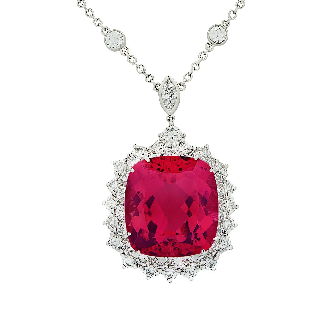 Elegant Tiffany & Co. 18Ct Pink Tourmaline & 8Ct Diamond Necklace in Platinum by Vivid Diamonds, showcasing a vibrant pink tourmaline pendant accented with exquisite diamond details.