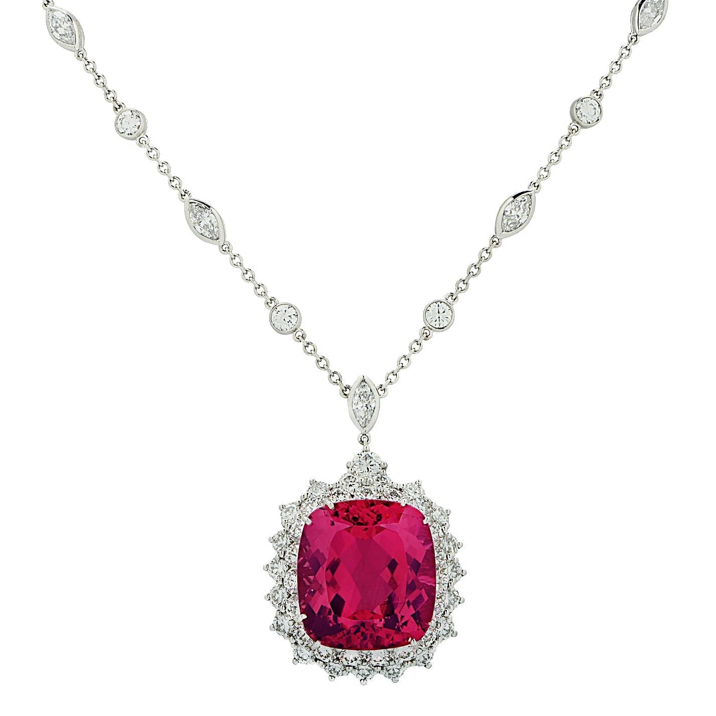 Stunning Tiffany & Co. 18Ct Pink Tourmaline & 8Ct Diamond Necklace in Platinum by Vivid Diamonds, featuring a luxurious cushion cut pink tourmaline surrounded by a double halo of sparkling diamonds.