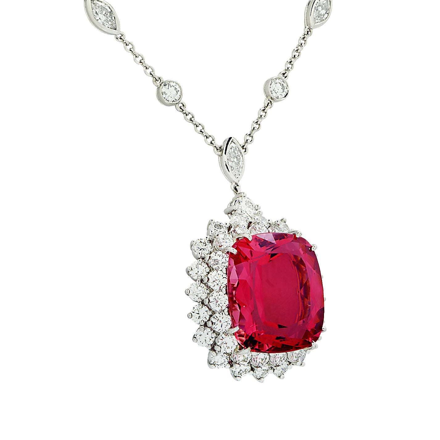 Gorgeous Tiffany & Co. 18Ct Pink Tourmaline & 8Ct Diamond Necklace in Platinum by Vivid Diamonds, highlighting a large pink tourmaline framed by brilliant cut diamonds on a refined platinum chain.