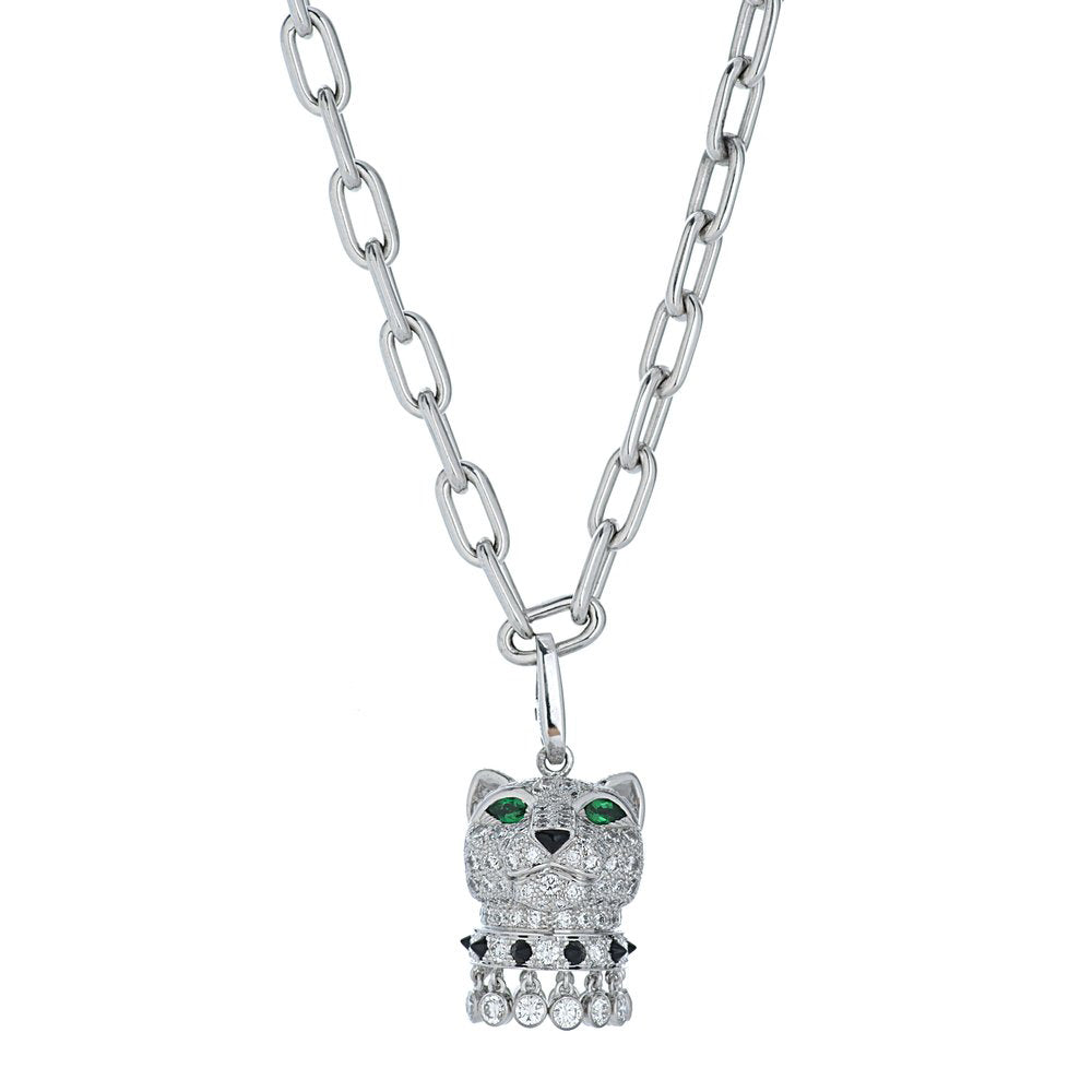 Panthère De Cartier 5 Carat Diamond Necklace featuring a panther head pendant, crafted in 18K white gold with emerald eyes and an onyx nose, designed by Vivid Diamonds.