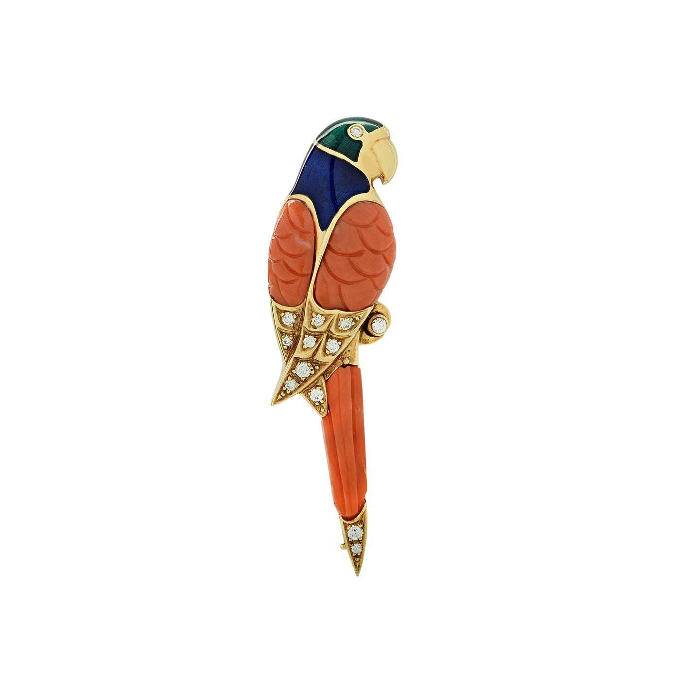 Luxurious Fabergé Coral, Diamond & Enamel Parrot Brooch Pin in 18K Yellow Gold by Vivid Diamonds, featuring vibrant coral, blue, and green colors with 0.18ct diamonds.