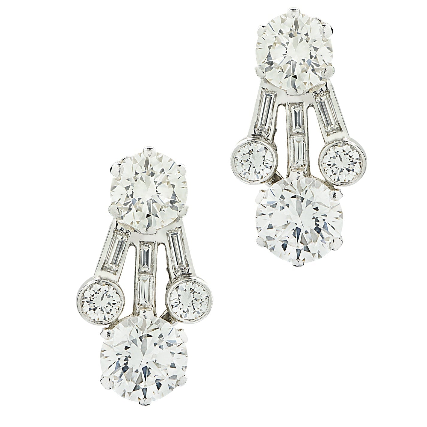 Elegant Harry Winston 4.65 Ct Diamond Clip-On Earrings in Platinum featuring brilliant and baguette cut diamonds, crafted by Vivid Diamonds.