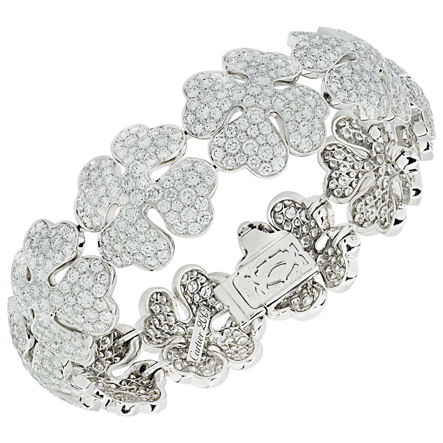 Luxurious Cartier Pave Diamond Clover Bracelet from Vivid Diamonds, featuring delicate diamond pave clovers crafted in elegant 18k white gold.