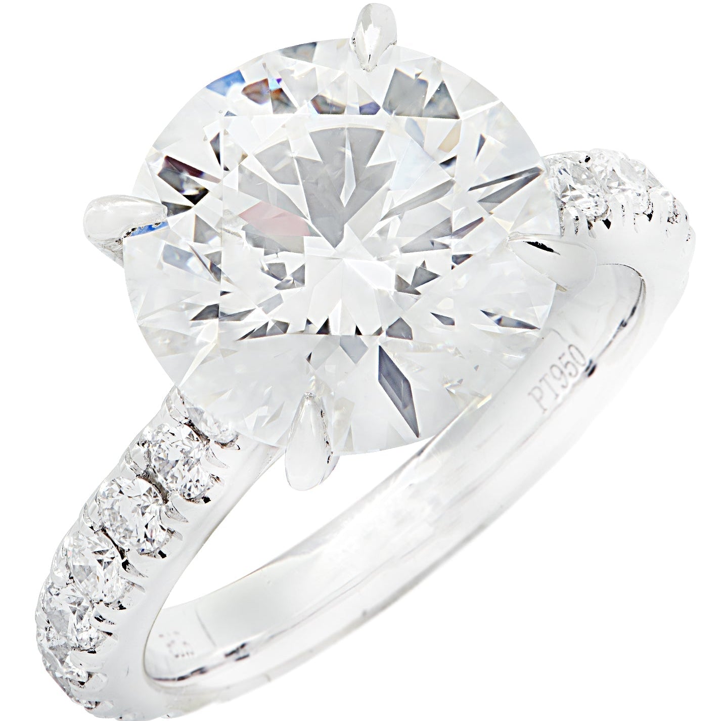 Stunning Vivid Diamonds GIA Certified 4.63 Carat Round Brilliant Diamond Engagement Ring in Platinum, showcasing a captivating center diamond surrounded by delicate accent diamonds.